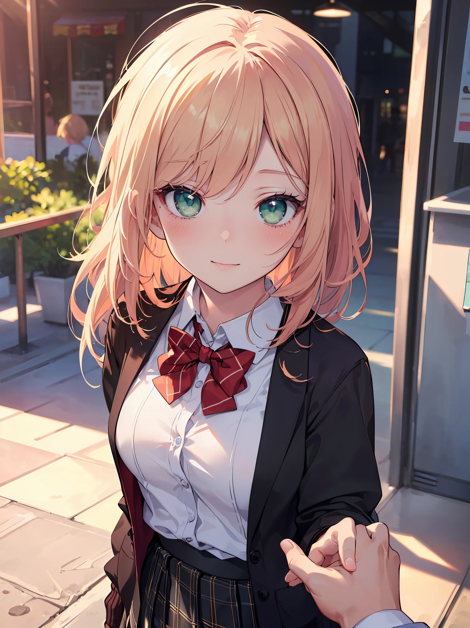 ((masterpiece, best quality, highres, UHD, perfect pixel, depth of field, 4k, RTX, HDR))), 1girl, single, solo, beautiful anime girl, beautiful artstyle, anime character, ((long hair, bangs, brown hair, curly hair:0.5)), ((green eyes:1.4, rounded eyes, beautiful eyelashes, realistic eyes)), ((detailed face, blushing:1.2)), ((smooth texture:0.75, realistic texture:0.65, photorealistic:1.1, anime CG style)), medium breasts, dynamic angle, perfect body, ((portrait, pov)), ((red bowtie, school uniform, black jacket, open jacket, brown cardigan, white shirt, black skirt, plaid skirt)), smile, hands up, amusement park