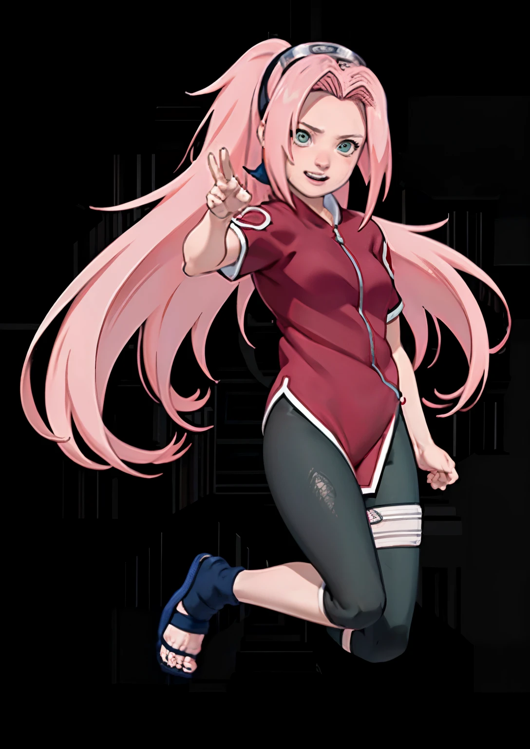 ((Masterpiece)), (detail),  High quality, a girl in a red T shirts and black leggings, black yoga pants, haruno sakura, sakura haruno, sakura haruno in slug sage mode, from naruto, happy!!!, badass pose, two legs and thigh open, perfect face, pefect body, perfect anatomy, pretty girl, cute girl, long hair, green eyes, pink hair, bare bottom, no panty, pussy visible, realistic, reality, high quality image, ultra detail, 8k, straddled, both thighs open.