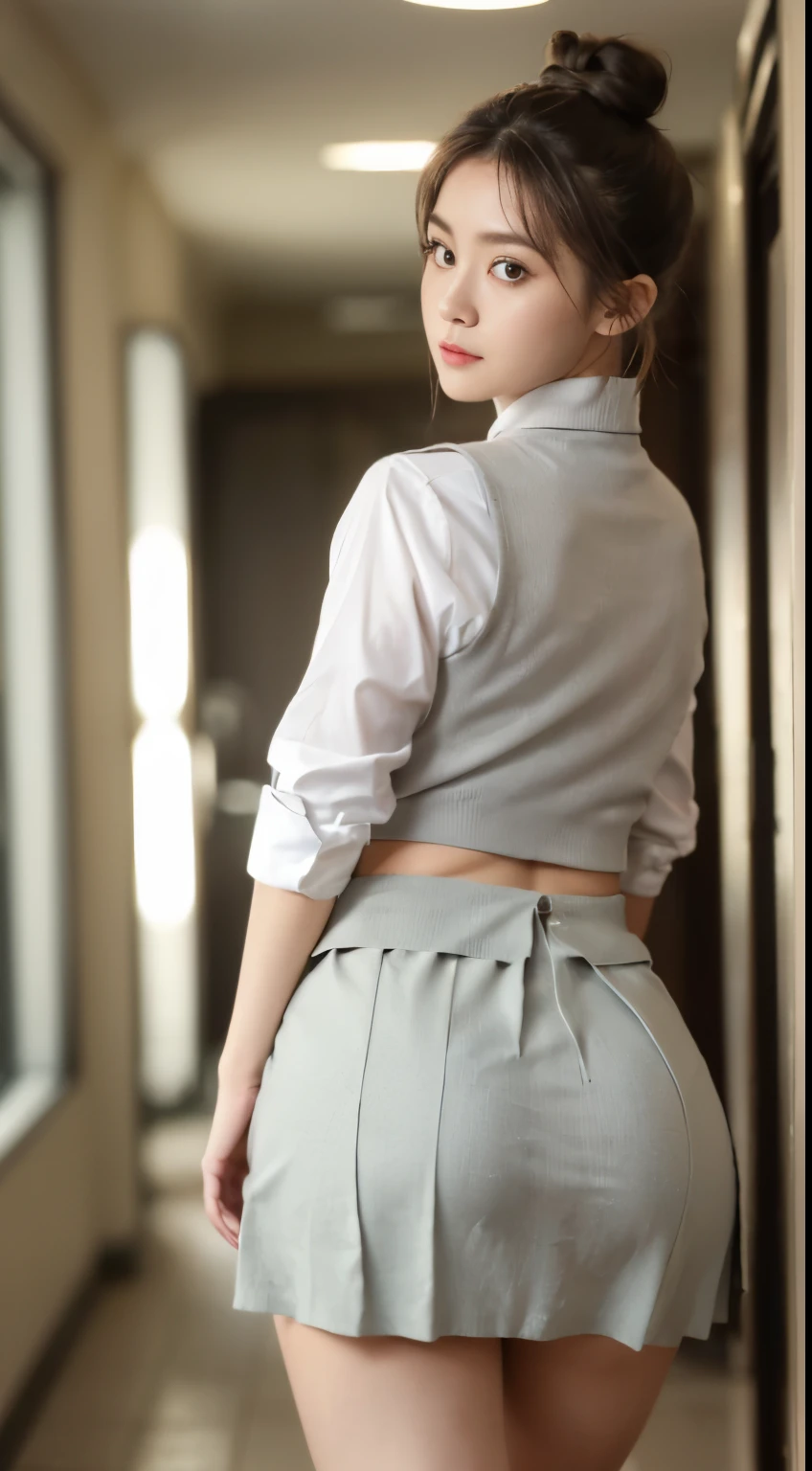 8K, highest quality, (beauty), High resolution, realistic, real person, Crouching pose、 look back、(((Her skirt moved and I could see her butt.:1.4)))、((surprised face:1.3))、((bun hair:1.2))、One young and cute girl、cutter shirt、short skirt、cloth vest、A bow tie、A hallway lined with slot machines、