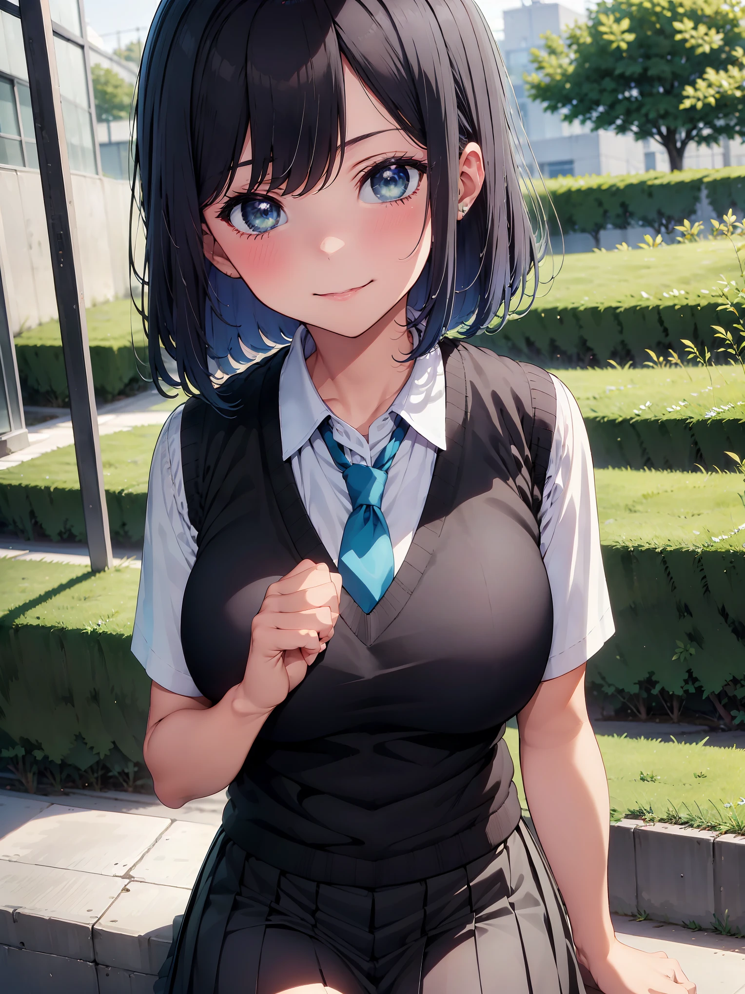 (masterpiece, highest quality:1.2), 1 girl, alone, Akane Kurokawa, 1 girl, dark blue hair, medium hair, one length bob, Added bangs to add brightness to the face, Hair ends remain thick overall. , blue eyes, green eyes, school uniform, white shirt, collared shirt, vest, white shirt, sweater vest, black vest, blue tie, gray pleated skirt, smile, In a field of colorful flowers