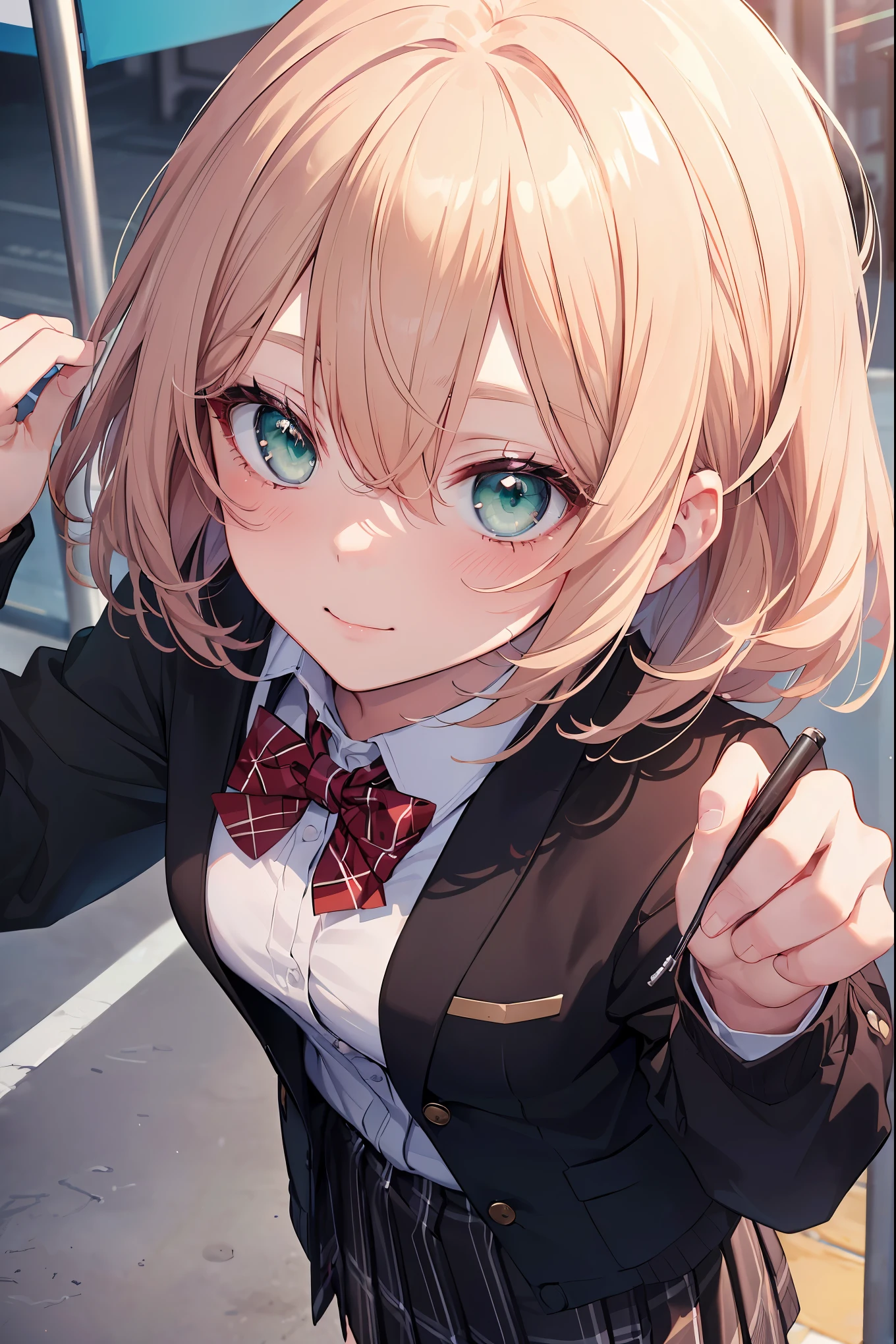 ((masterpiece, best quality, highres, UHD, perfect pixel, depth of field, 4k, RTX, HDR))), 1girl, single, solo, beautiful anime girl, beautiful artstyle, anime character, ((long hair, bangs, brown hair, curly hair:0.5)), ((green eyes:1.4, rounded eyes, beautiful eyelashes, realistic eyes)), ((detailed face, blushing:1.2)), ((smooth texture:0.75, realistic texture:0.65, photorealistic:1.1, anime CG style)), medium breasts, dynamic angle, perfect body, ((portrait, pov)), ((red bowtie, school uniform, black jacket, open jacket, brown cardigan, white shirt, black skirt, plaid skirt)), smile, hands up, amusement park