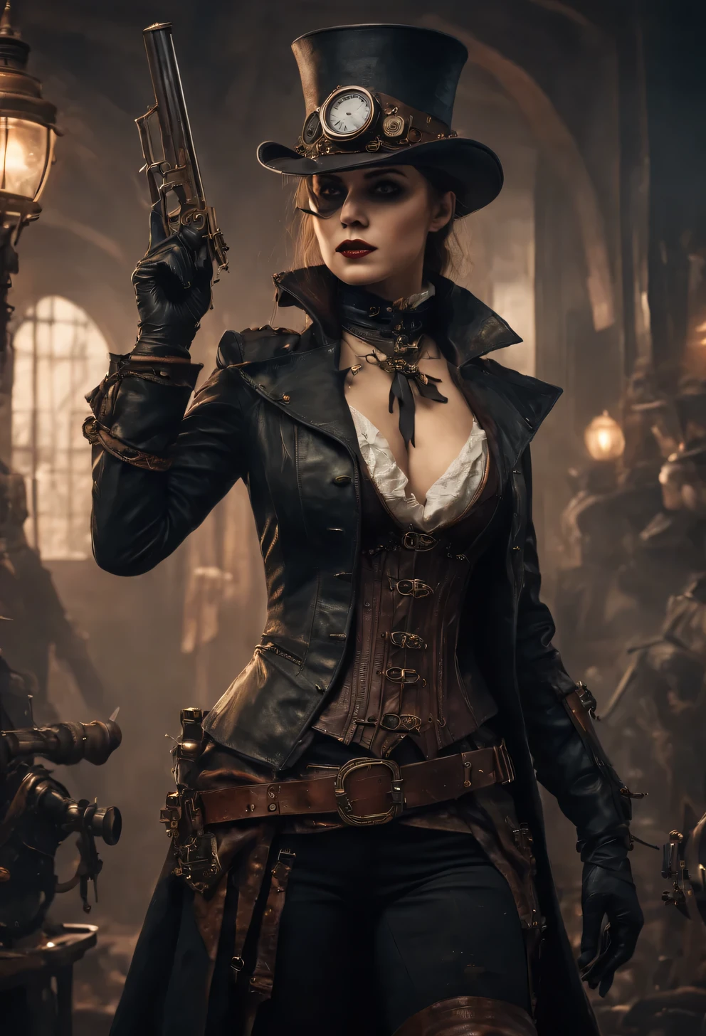 photo of (TCr3ws:1), beautiful woman, Lauren Cohan, beautiful face, a woman as a Peaky blinder, (laughing), (face focus), modelshoot style, (extremely detailed CG unity 8k wallpaper), Intricate, High Detail, Sharp focus, dramatic, photorealistic painting art by midjourney and greg rutkowski , (walking on the slums of London), (wearing a peaked cap:1.1), (detailed pupils:1.2), (dinamic pose:1.2), (Peaky Blinders:1.2), (holstered gun), (hands on hips:1.2), (closeup:1.1), (busty), tight bust, cleavage, slim waist, wide hips, beautiful detailed eyes, beautiful detailed lips, black hair,