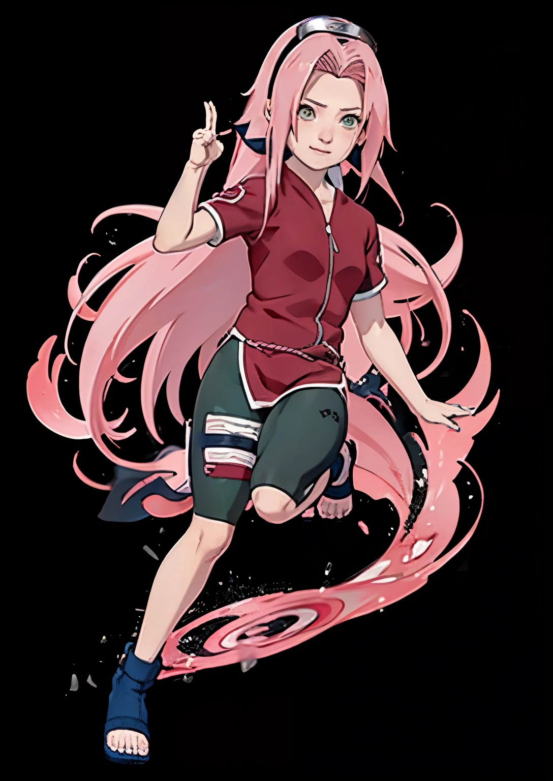 ((Masterpiece)), (detail),  High quality, a girl in a red T shirts and black leggings, black yoga pants, haruno sakura, sakura haruno, sakura haruno in slug sage mode, from naruto, happy!!!, badass pose, two legs and thigh open, perfect face, pefect body, perfect anatomy, pretty girl, cute girl, long hair, green eyes, pink hair, bare bottom, no panty, pussy visible, realistic, reality, high quality image, ultra detail, 8k, straddled, both thighs open.