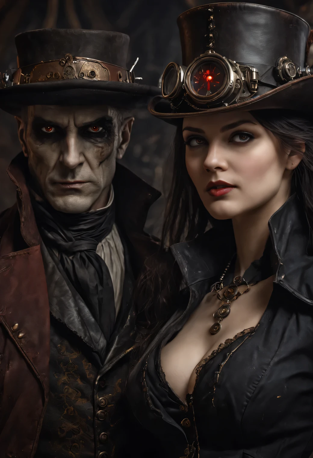 Demon and Vampire Hunter, steampunc, Dark Fantasy, high detail, hyperrealistic, cinematic frame, a high resolution