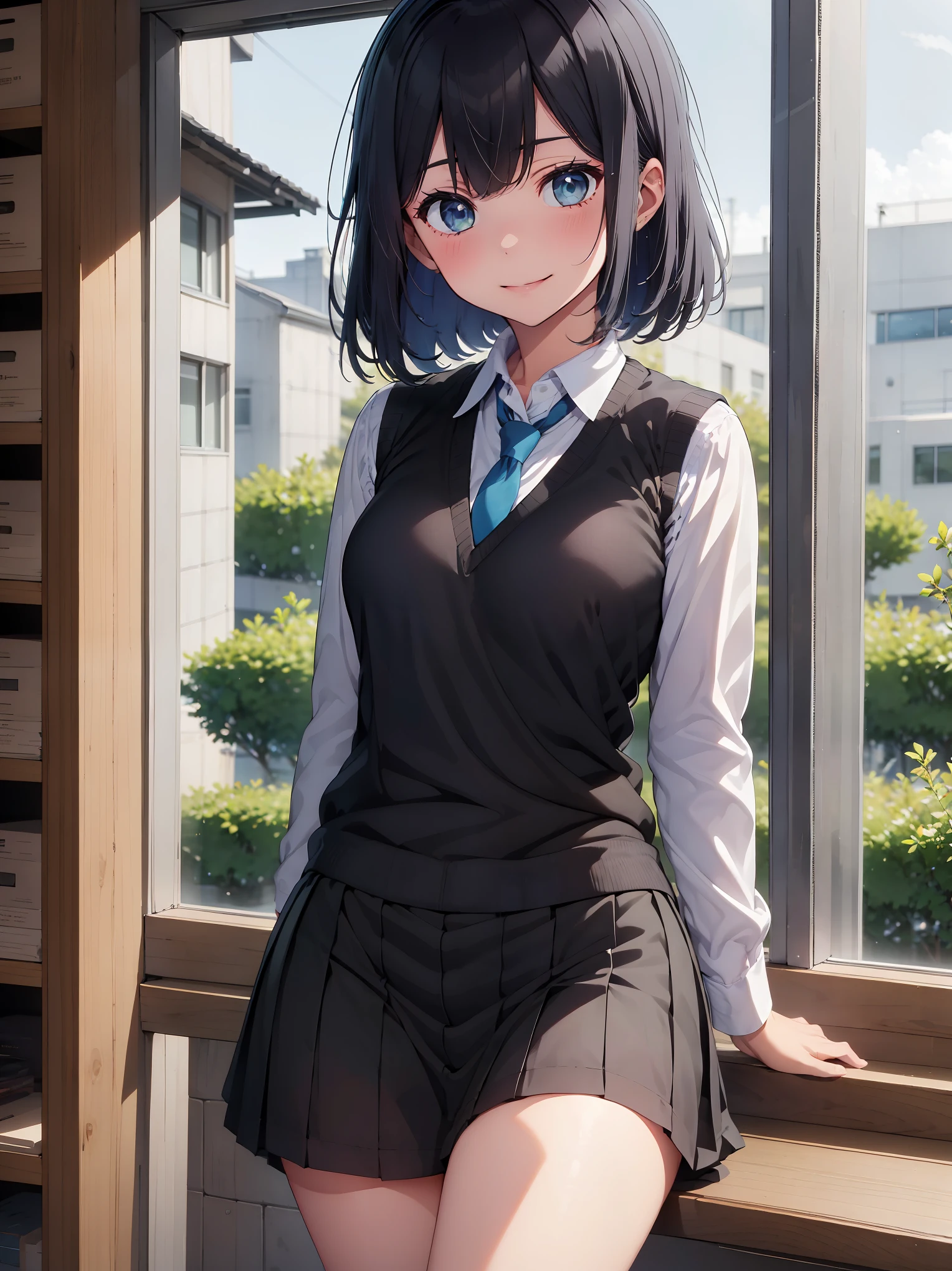 (masterpiece, highest quality:1.2), 1 girl, alone, Akane Kurokawa, 1 girl, dark blue hair, medium hair, one length bob, Added bangs to add brightness to the face, Hair ends remain thick overall. , blue eyes, green eyes, school uniform, white shirt, collared shirt, vest, white shirt, sweater vest, black vest, blue tie, gray pleated skirt, smile, In a field of colorful flowers