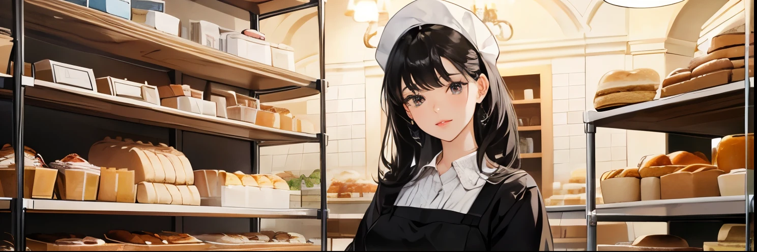 black hair,Beautiful atmosphere,beautiful,beautiful woman,A smart-looking bakery clerk,Inside the bakery