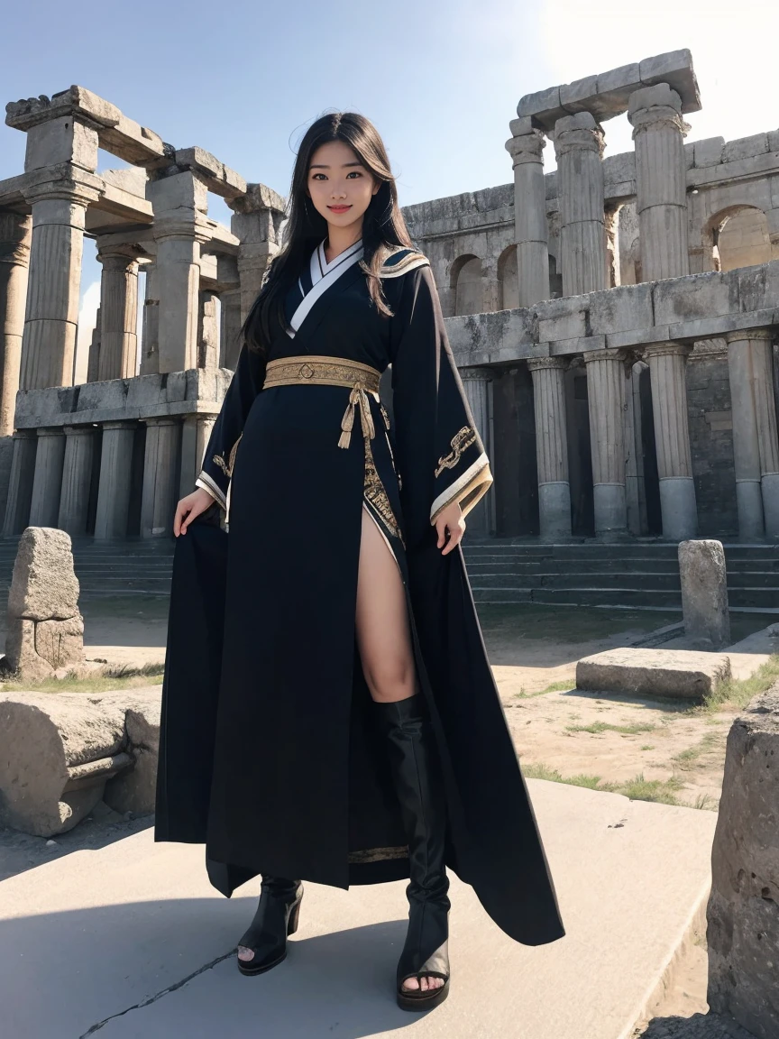 highest quality、masterpiece、ultra high resolution、(realistic:1.4)、1girl、woman、Japanese、Take a full body photo、ancient costume、beautiful eyes and skin details、smile、medium long hair、White clothes unlike any civilization、ancient ruins、desert、Tower of Babel、towering megalithic architecture、Black panther