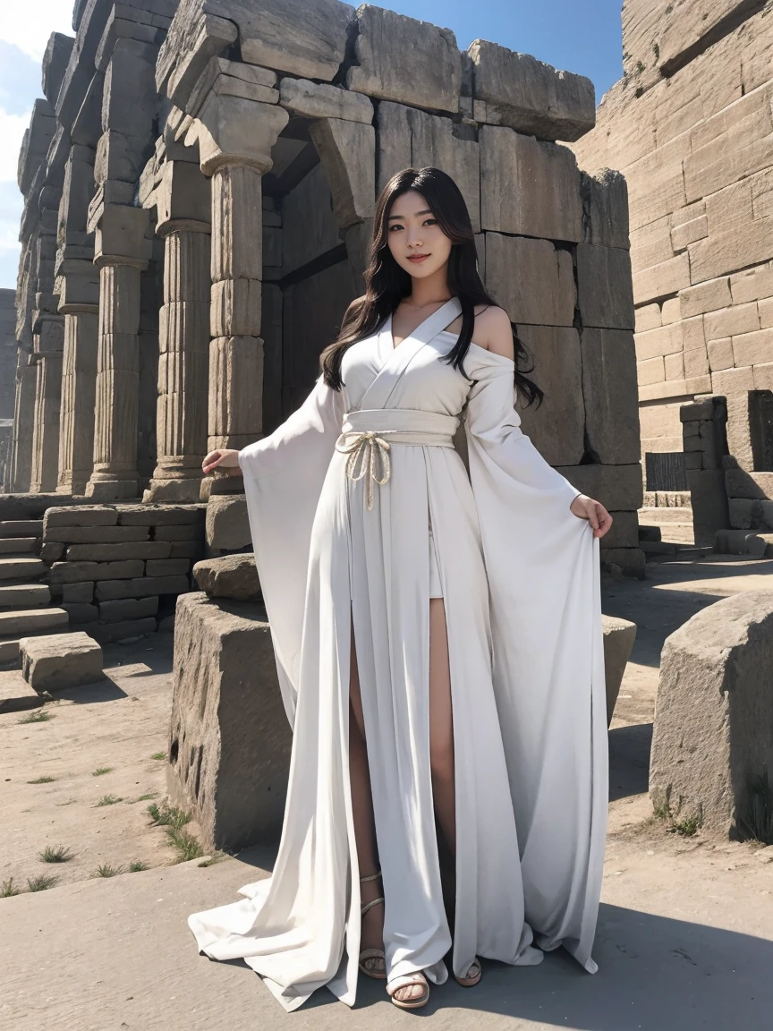 highest quality、masterpiece、ultra high resolution、(realistic:1.4)、1girl、woman、Japanese、Take a full body photo、ancient costume、beautiful eyes and skin details、smile、medium long hair、White clothes unlike any civilization、ancient ruins、desert、Tower of Babel、towering megalithic architecture、Black panther