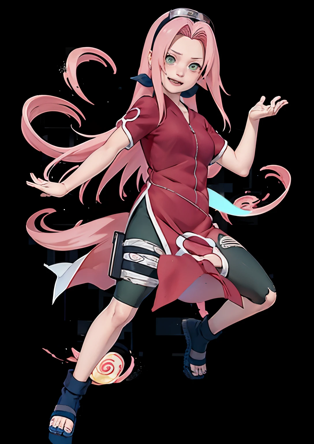 ((Masterpiece)), (detail), High quality, a girl in a red T shirts and black leggings, black yoga pants, haruno sakura, sakura haruno, sakura haruno in slug sage mode, from naruto, happy!!!, badass pose, two legs and thigh open, perfect face, pefect body, perfect anatomy, pretty girl, cute girl, long hair, green eyes, pink hair, realistic, reality, high quality image, ultra detail, 8k, straddled, both thighs open.