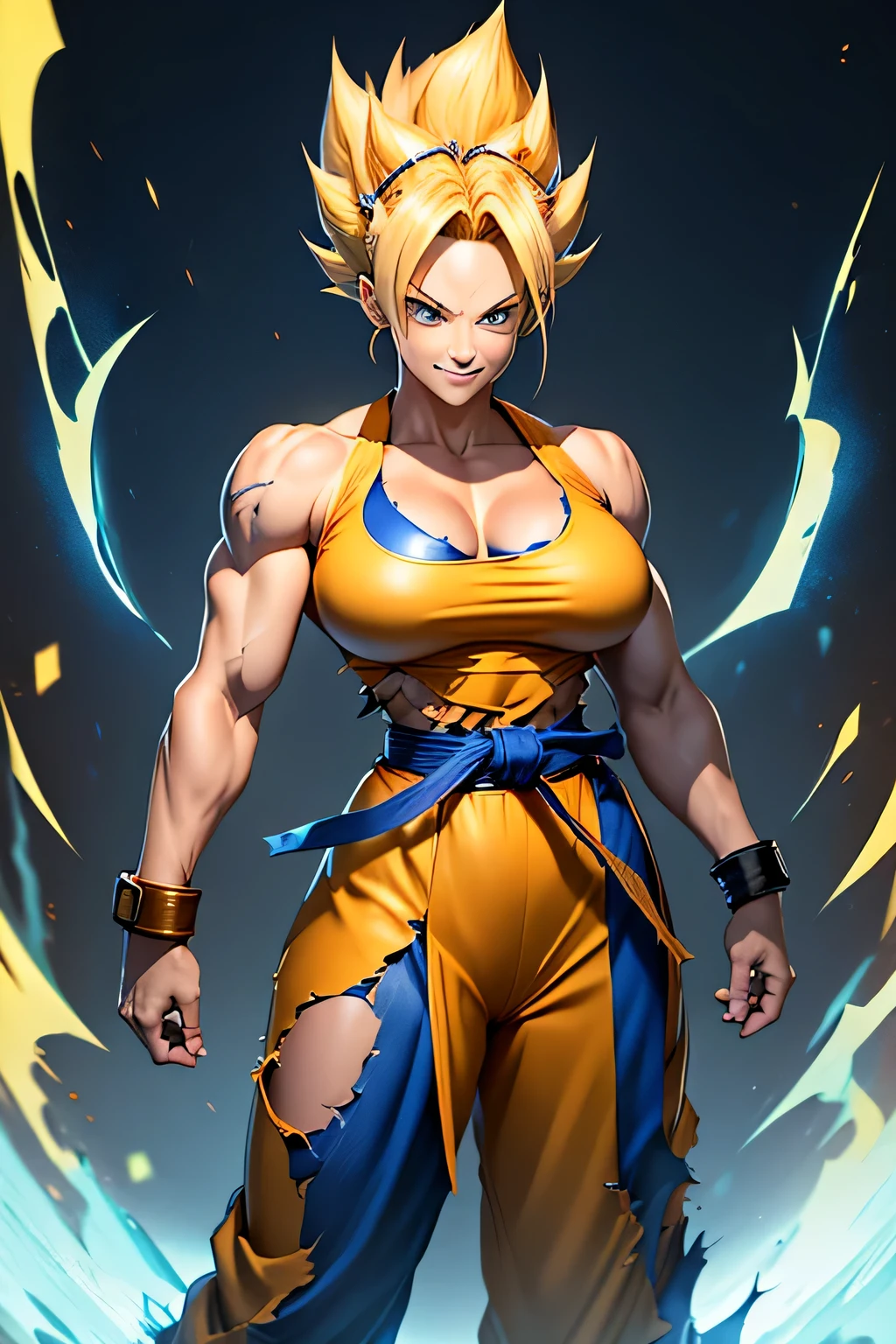 super saiyan female solo、battle damage、blonde、blue belt、field&#39;eyes、muscle tissue、muscular woman、spike hair、Super Saiyan、Super Saiyan 1、Relaxed smile、torn clothes、Wristband、big and full breasts:1.5