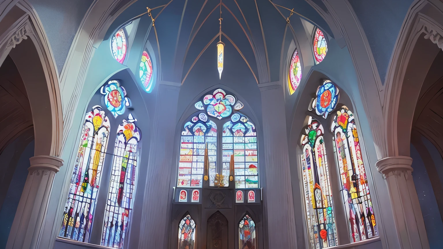 The background is the interior of the church、Stained glass