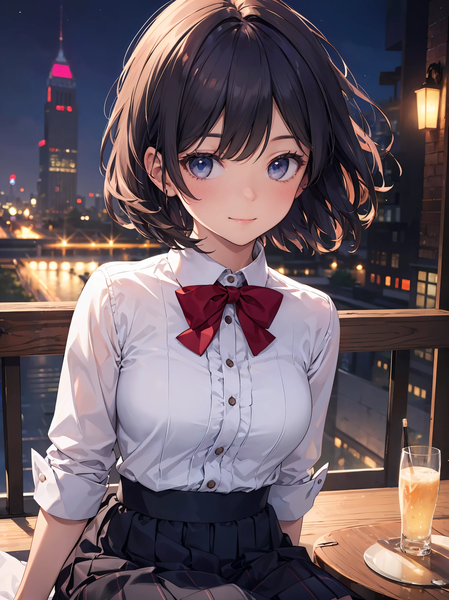 (8k, RAW photo, best quality, masterpiece:1.2), (realistic, photo-realistic:1.37), ultra-detailed,
1 girl,cute, solo,beautiful detailed sky,detailed cafe,night,sitting,dating,(nose blush),(smile:1.1),(closed mouth),large breasts, seductive smile, large aparture, professional lighting, Sony A7R4, Zessie 50mm F1.8,
medium breasts,beautiful detailed eyes,(collared shirt:1.1), bowtie,pleated skirt,(short hair:1.2),floating hair 