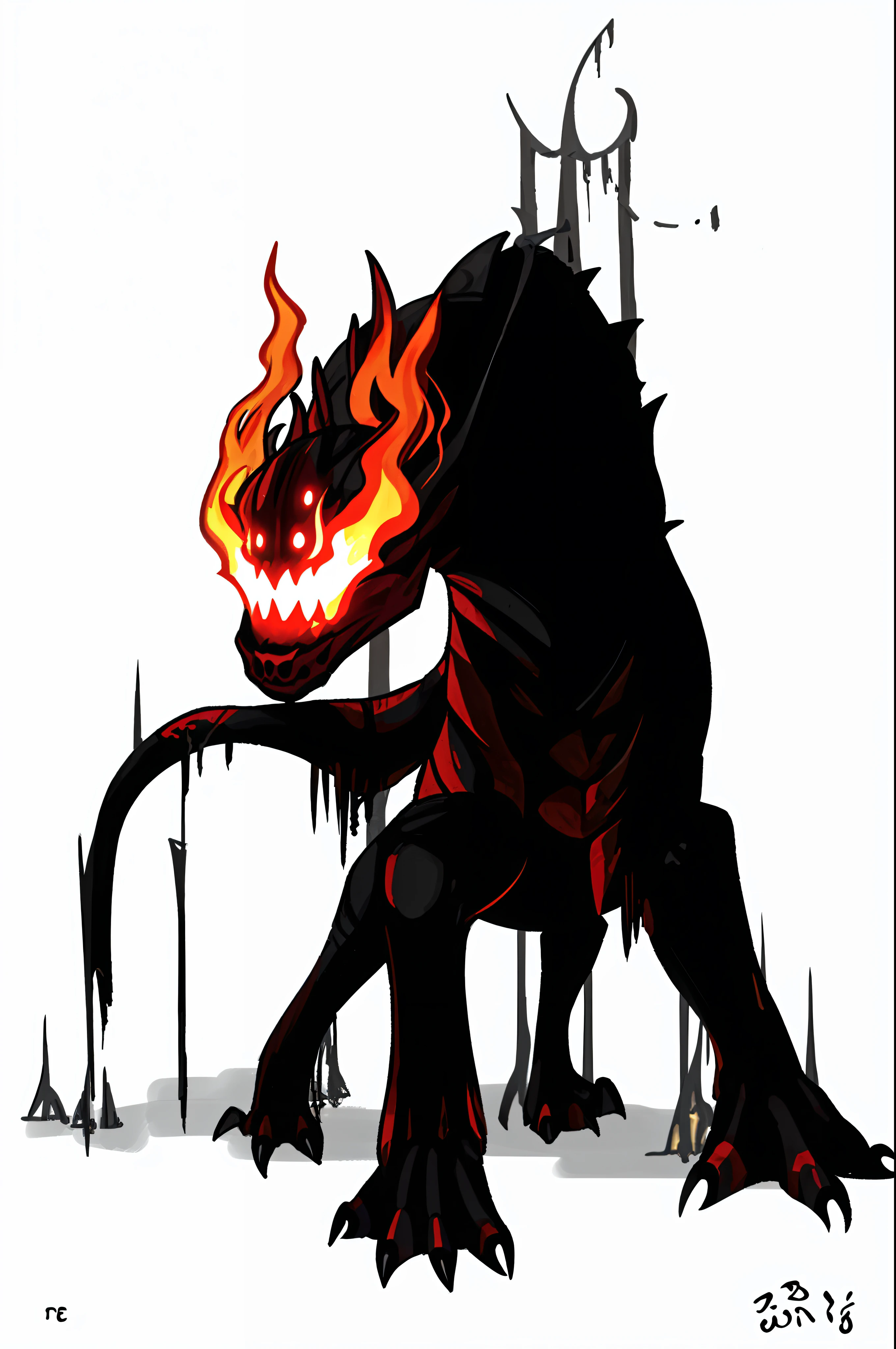 by bestiary_estilo, there is a drawing of a demon with a fire on it, Hellhounds, criatura sombria, Criatura da loucura, criatura golem de fogo, escuro high-contrast concept art, demon, one a demon - like creature, one a demon-like creature, cacodemon, giygas, com olhos vermelhos brilhantes, demonic creature, arte conceitual de monstro, escuro!, fundido