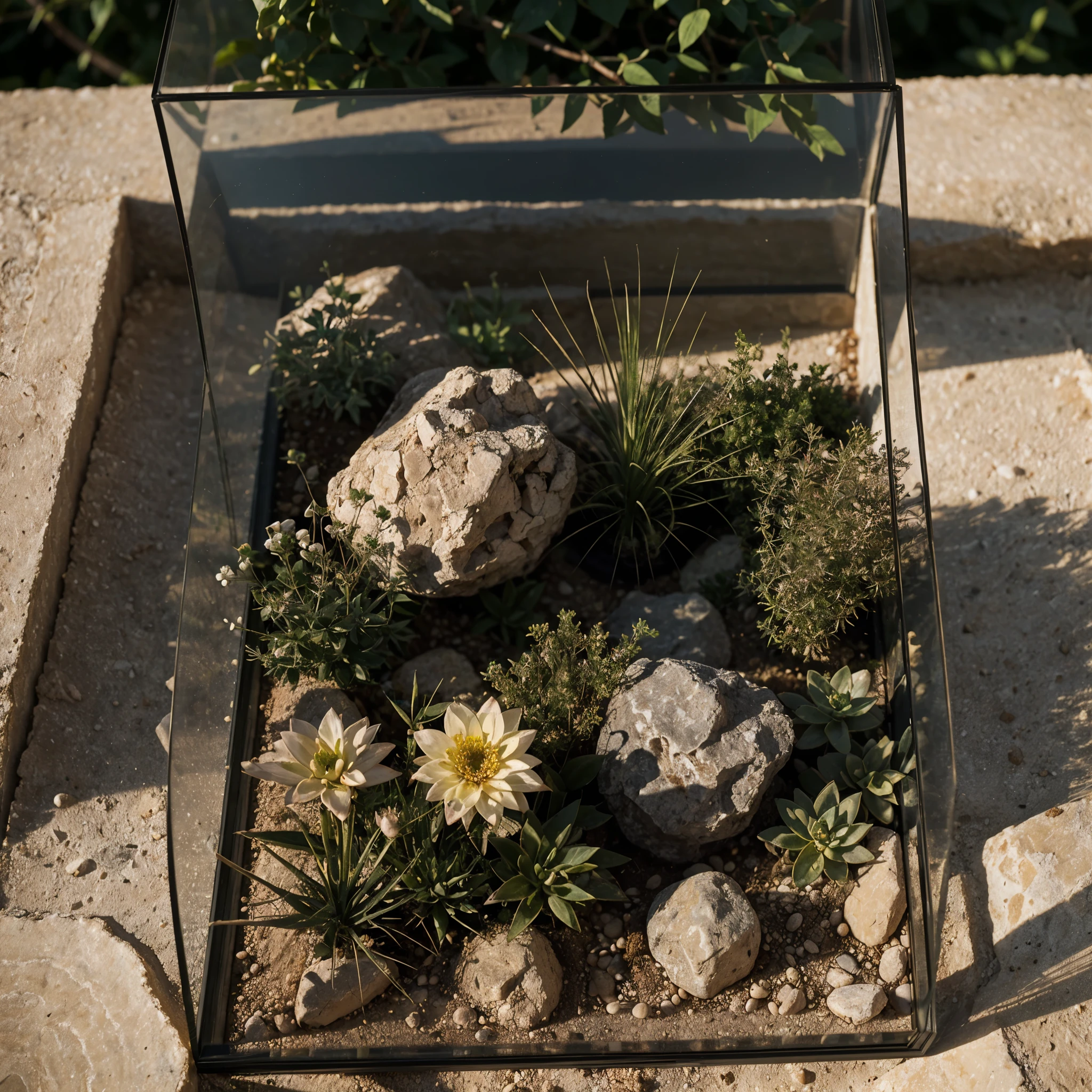 Matera landscape in a transparent glass box Matera soil realistic modeginal photo, best quality, masterpiece:1.4), (in a small nature glass box:1.3), Isometric, small nature, landscape on foundation of sassi_di_matera,