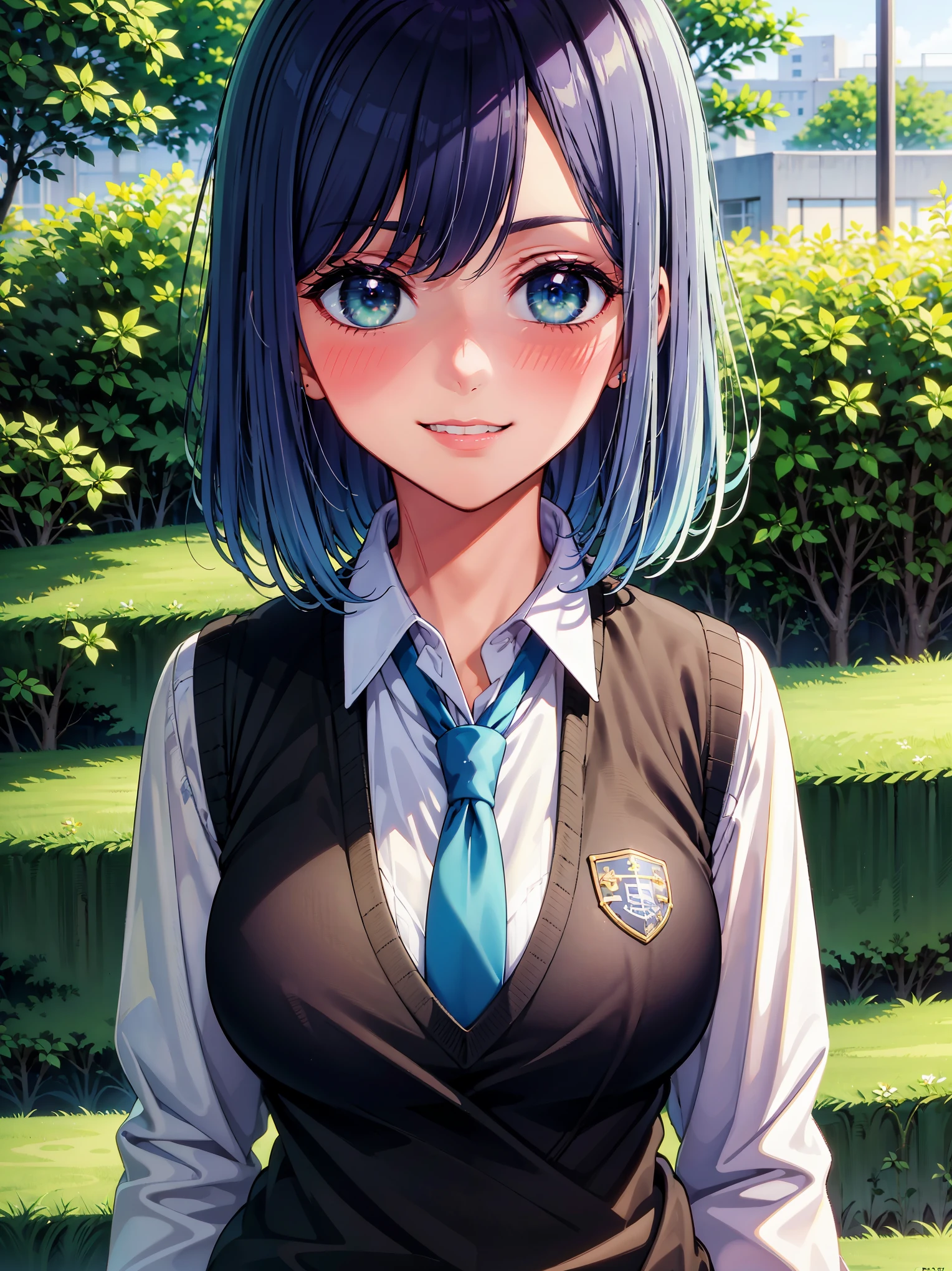 (masterpiece, highest quality:1.2), 1 girl, alone, Akane Kurokawa, 1 girl, dark blue hair, medium hair, one length bob, Added bangs to add brightness to the face, Hair ends remain thick overall. , blue eyes, green eyes, school uniform, white shirt, collared shirt, vest, white shirt, sweater vest, black vest, blue tie, gray pleated skirt, smile, In a field of colorful flowers