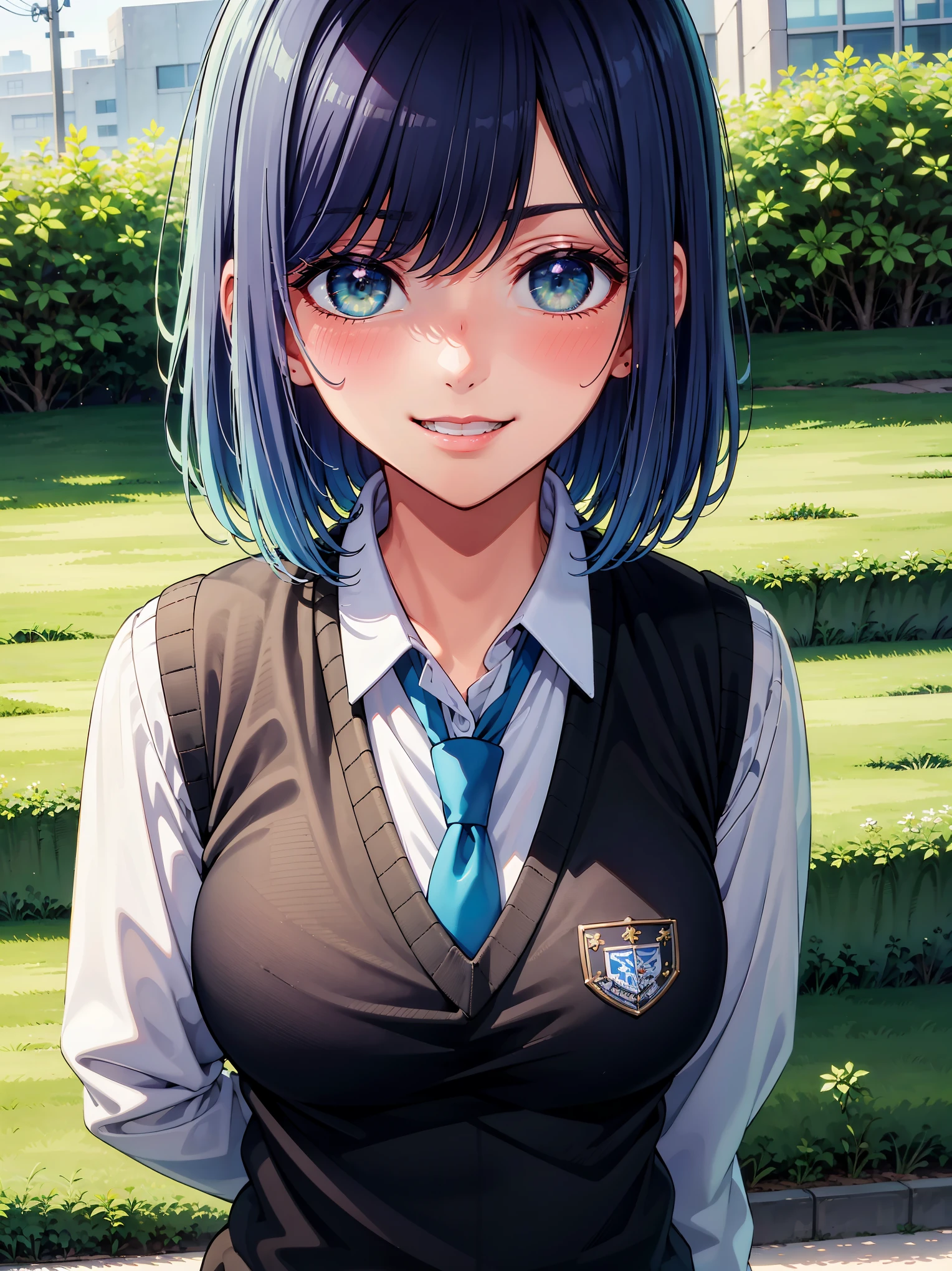 (masterpiece, highest quality:1.2), 1 girl, alone, Akane Kurokawa, 1 girl, dark blue hair, medium hair, one length bob, Added bangs to add brightness to the face, Hair ends remain thick overall. , blue eyes, green eyes, school uniform, white shirt, collared shirt, vest, white shirt, sweater vest, black vest, blue tie, gray pleated skirt, smile, In a field of colorful flowers