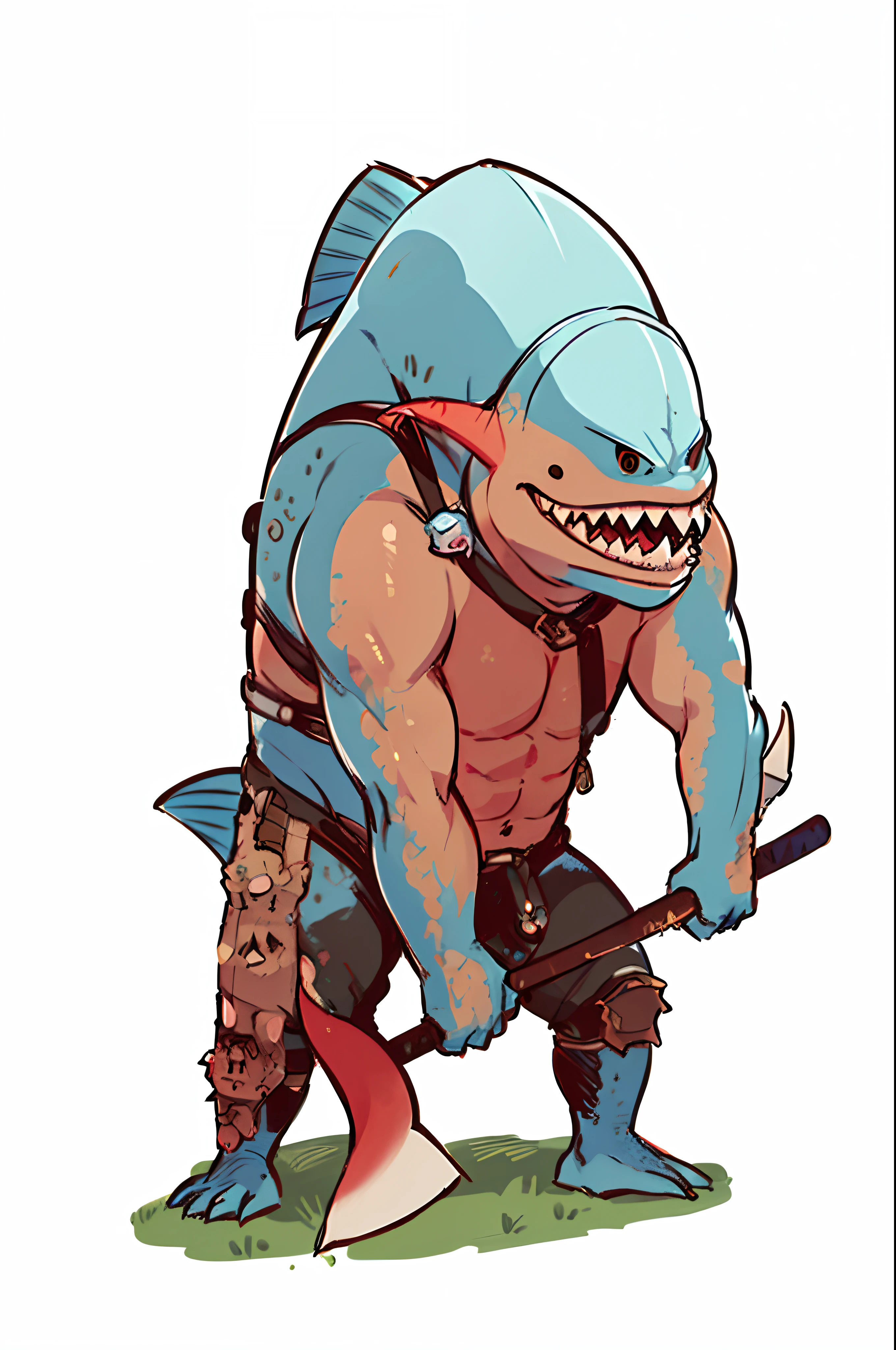 by bestiary_estilo, a cartoon fish with a hockey stick and a helmet, homem peixe, pudge do dota 2, as advertisement & monstro, anthropomorphic shark, design de personagens de monstros, peixe assustador, conceito de criatura realista, arte do personagem da criatura conceitual, low resolution, por Ryan Yee, aquatic creature, design de personagens de d & d, projeto de criatura, arte conceitual de monstro, plano, 2D, Vetor