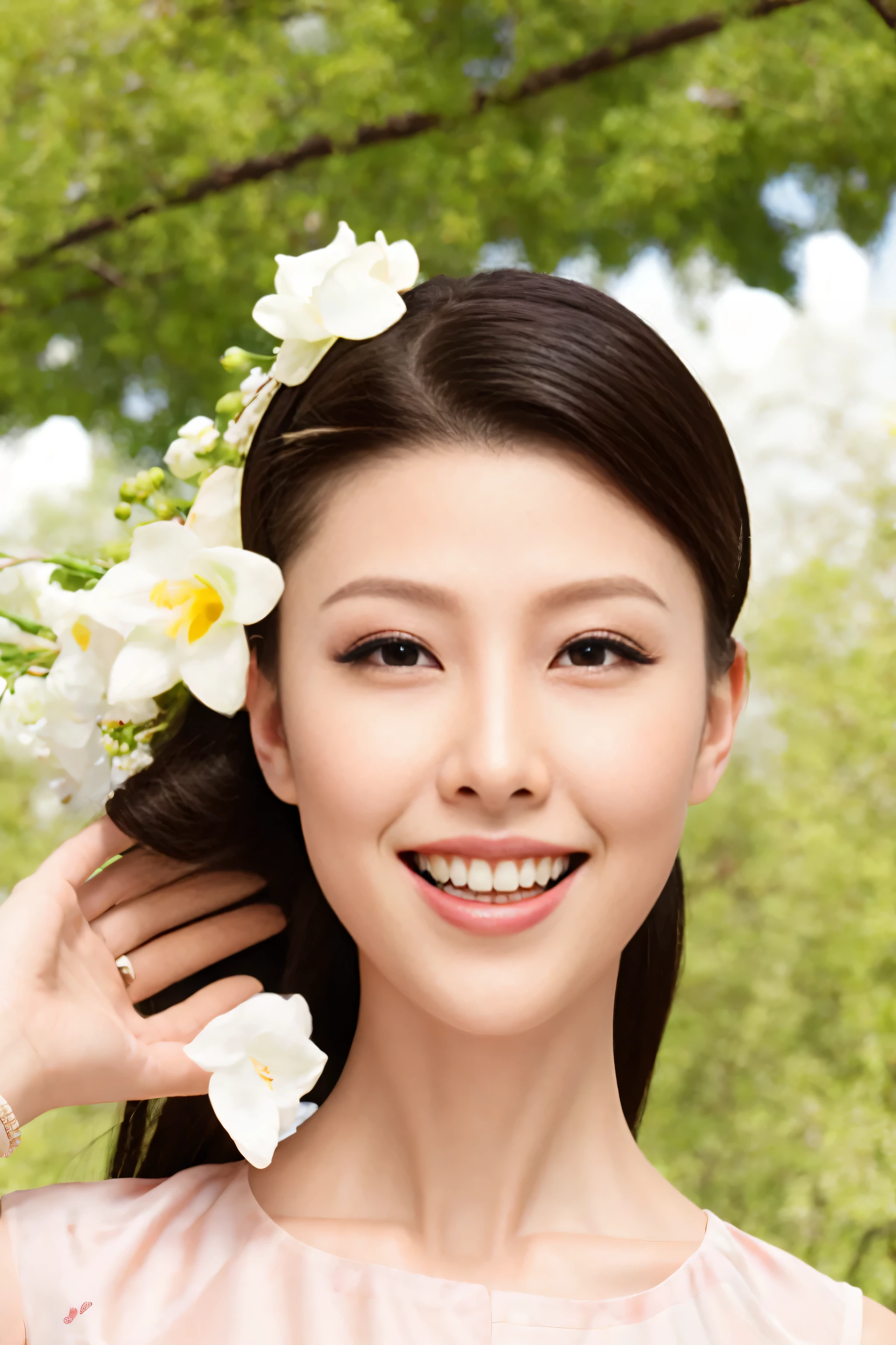 Fashion model 20 years old [[[[close up]]]], [[[[neck]]]], [[[[Shoulder]]]], perfect eyes, perfect iris，perfect lips，perfect teeth，perfect skin，White skin，Soft headlight，high-density imaging review，long hair，（Face is clear and delicate），White casual wear，The background is outdoor，Green trees and flowers，best quality，masterpiece，（pastel colors：1.2）
