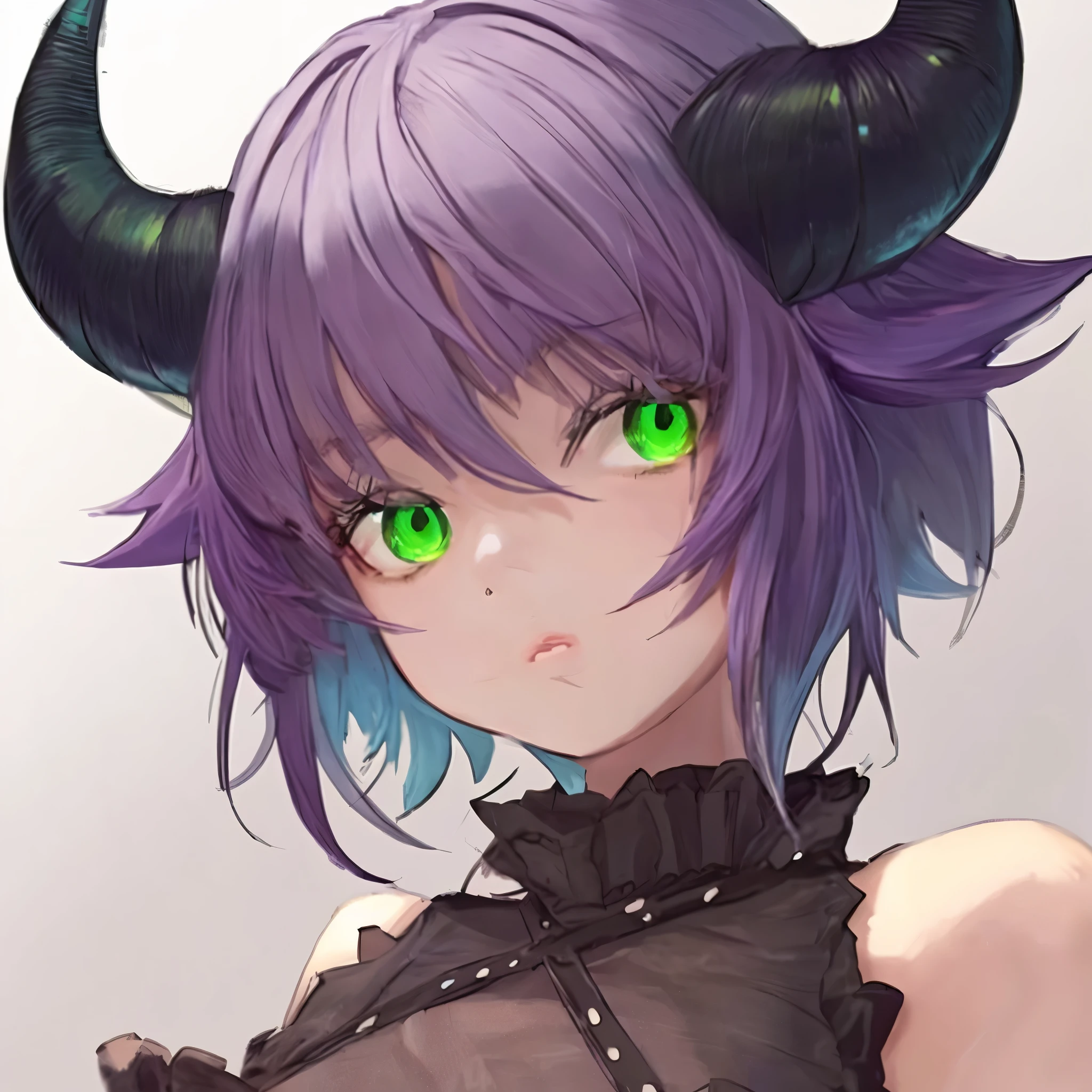 (masterpiece),1girl with two short black horns, bunches, light purple hair, green eyes