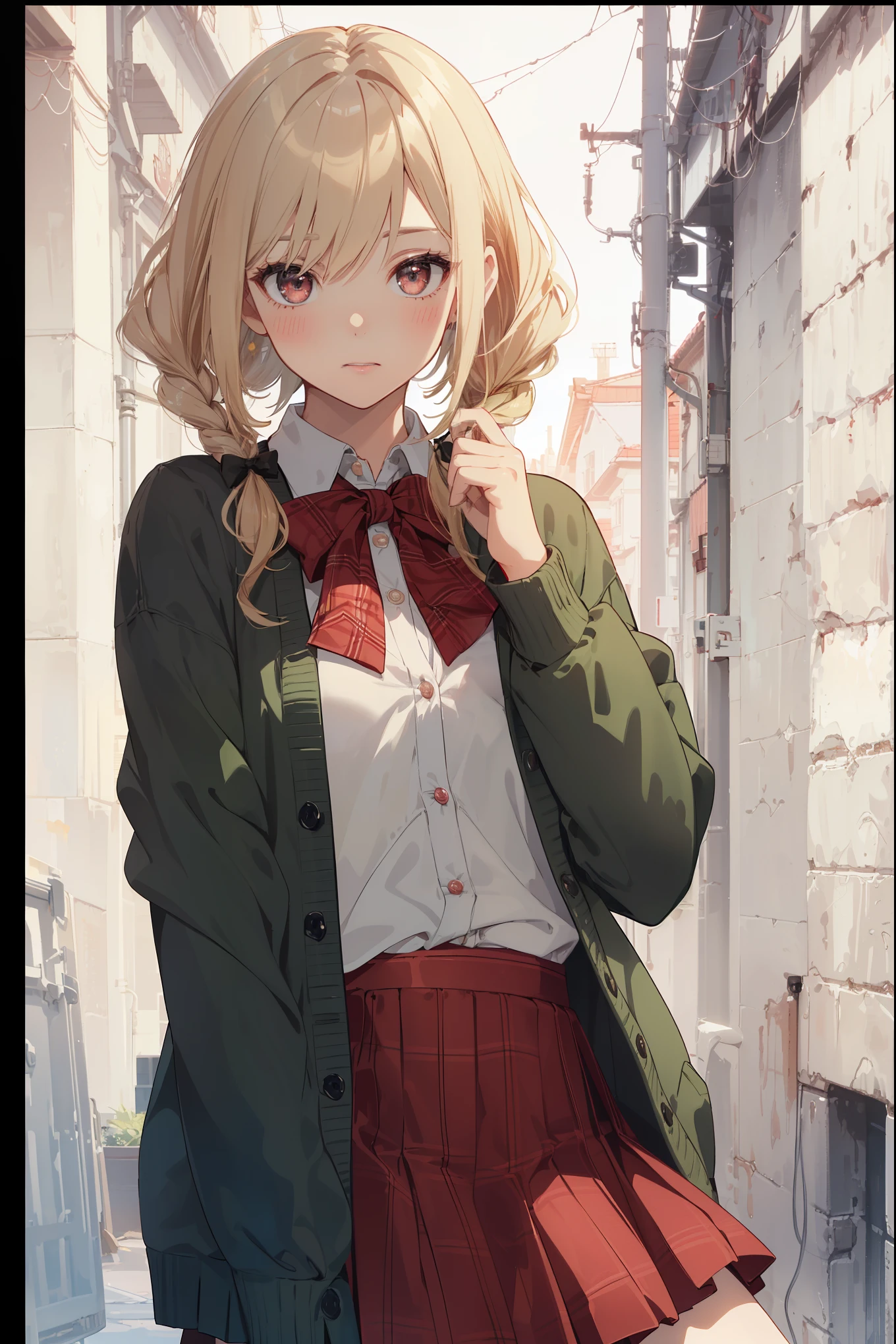 ((Masterpiece, Top Quality, High Resolution, UHD, Perfect Pixel, Depth of Field, 8k, RTX, HDR)), 1 Girl, Single, Solo, Beautiful Anime Girl, Beautiful Art Style, Rustic Anime Character, ((One Legs Bob, Medium Hair, Bangs, Blonde Hair Braids: 0 .5))), ((Deep Red Deep Red Color Eyes: 1.4, Round Eyes, Beautiful Eyelashes, Realistic Eyes)), ((Detailed Face, Blush: 1.2)), ((Smooth Texture: 0.75, Realistic Texture: 0.65, Photo Realistic: 1.1, Anime CG Style)), Dynamic Angle, Perfect Body, (( Portrait, framed)), ((green and yellow starched bow tie, uniform, black jacket, open jacket, deep red cardigan, white shirt, black skirt, plaid skirt)), mocking, mocking, small, small raspberry, cute, very cute raspberry, Really ridiculously cute and adorable little raspberry.