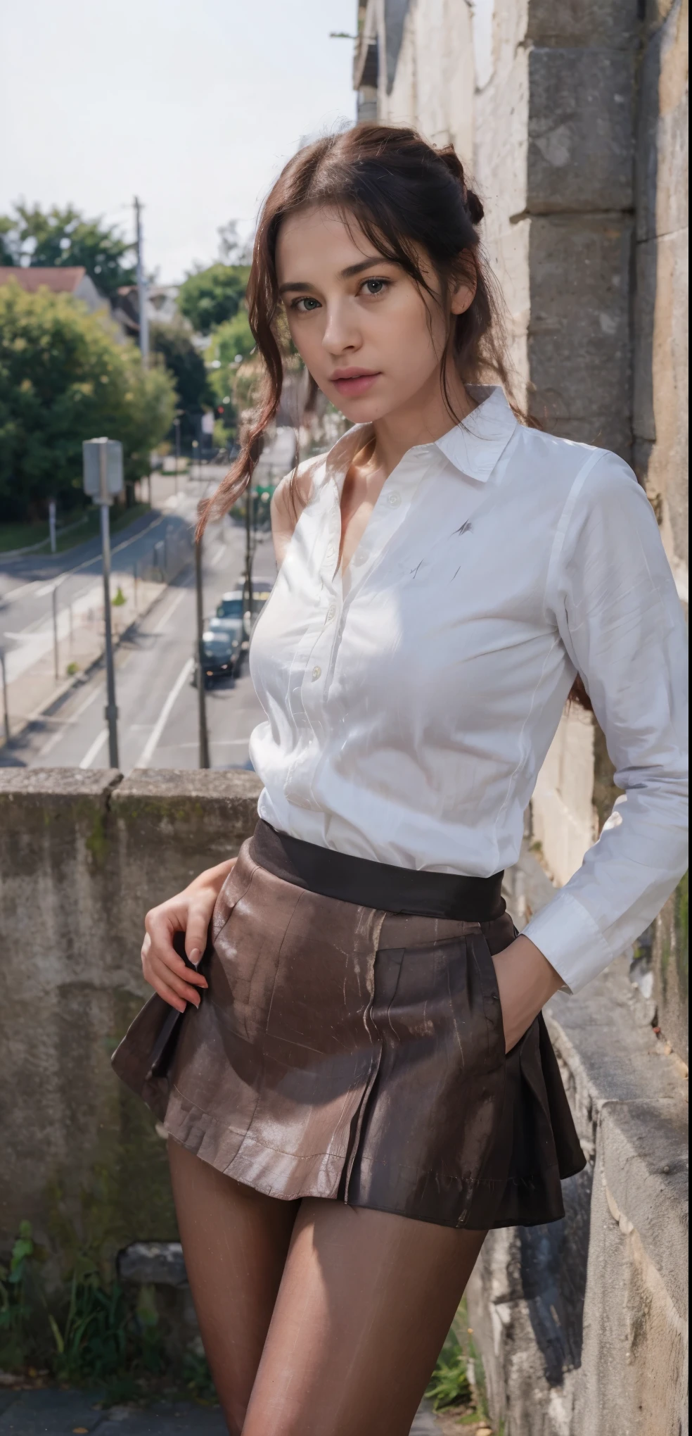 1girl, (8k, RAW photo, best quality, masterpiece:1.2), (realistic, photo-realistic:1.37), solo,ultra-detailed,pantyhose, long shot, beautiful background,,shirt,skirt, .