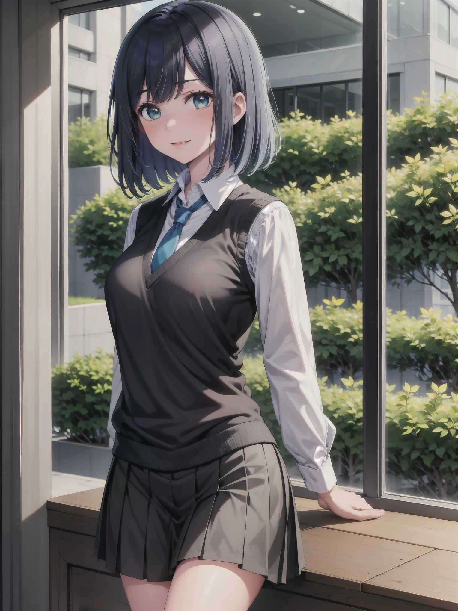 (masterpiece, highest quality:1.2), 1 girl, alone, Akane Kurokawa, 1 girl, dark blue hair, medium hair, one length bob, Added bangs to add brightness to the face, Hair ends remain thick overall. , blue eyes, green eyes, school uniform, white shirt, collared shirt, vest, white shirt, sweater vest, black vest, blue tie, gray pleated skirt, smile, In a field of colorful flowers