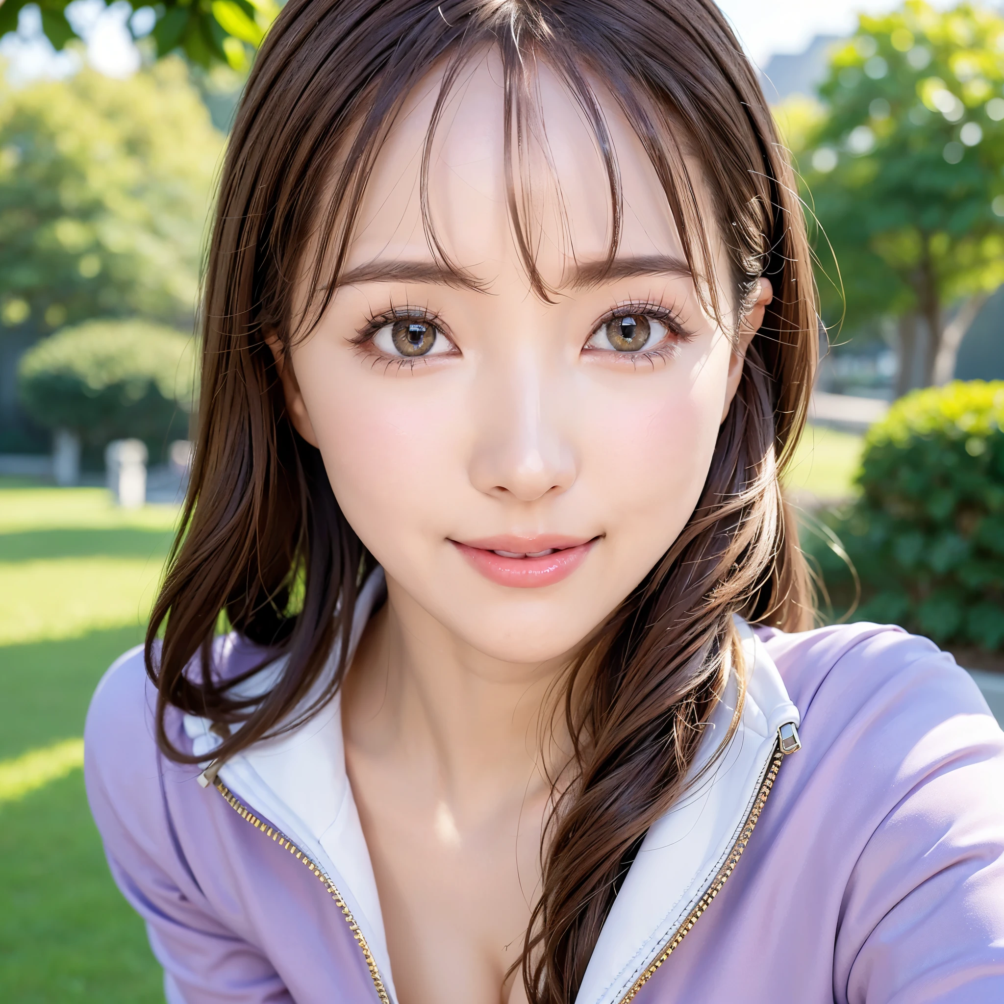 (highest quality、table top、8K、best image quality、Award-winning work)、one beautiful woman、Shining beautiful skin、(most stylish tracksuit:1.2)、(Opening the jersey zipper reveals a small cleavage:1.3)、(The most natural and perfect tracksuit:1.2)、Shining ultra-high definition skin、(accurate anatomy:1.2)、A gentle smile looking at me、(photo from the chest up:1.1)、(close up of face:1.05)、Standing gracefully、(Blurry park background:1.2)、portrait photography、(draw softly and smoothly:1.1)、(very bright and vivid:1.1)、very romantic、光を受けてShining beautiful skin、(very bright and refreshing:1.1)、(the most detailed and perfect face:1.1)、(most detailed glowing eyes:1.1)、(beautiful and moisturized skin:1.1)