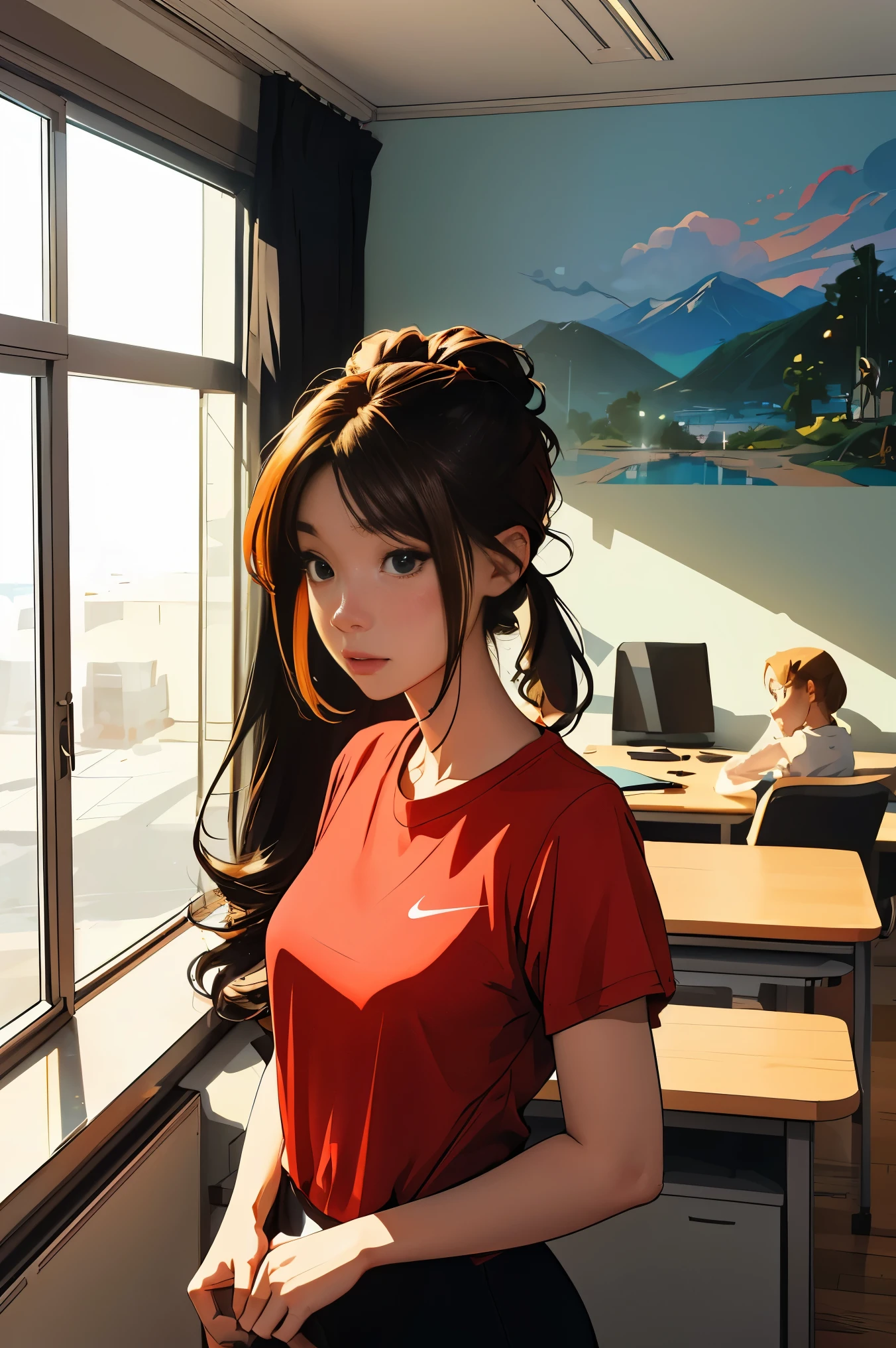 1 Asian woman, nude ,open legs, spread eagle, sitting on desk facing viewer, smiling, Beautiful Eyes and Face Details, Full Body, tight Red cropped t-shirt, Best Quality, Unclothed, Office desk. Sunny day. Adult video Posters on wall
