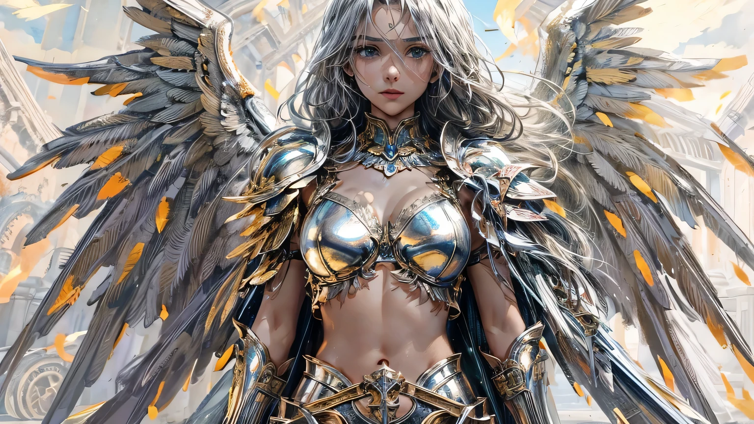 4K, ((very delicate))realistic, high resolution, soft light,1 woman, alone, ((burning castle background)), look at the viewer, (detailed face), ((Close-up from waist to face)) I fell to my knees after losing the angel war......, ((Archangel Michael with injured wing)), ((woe, rage, tear)), long hair, silver hair, big bust, Beautiful girl, ((importance)) bikini, golden angel armor, ((An old silver sword stuck on the floor)),