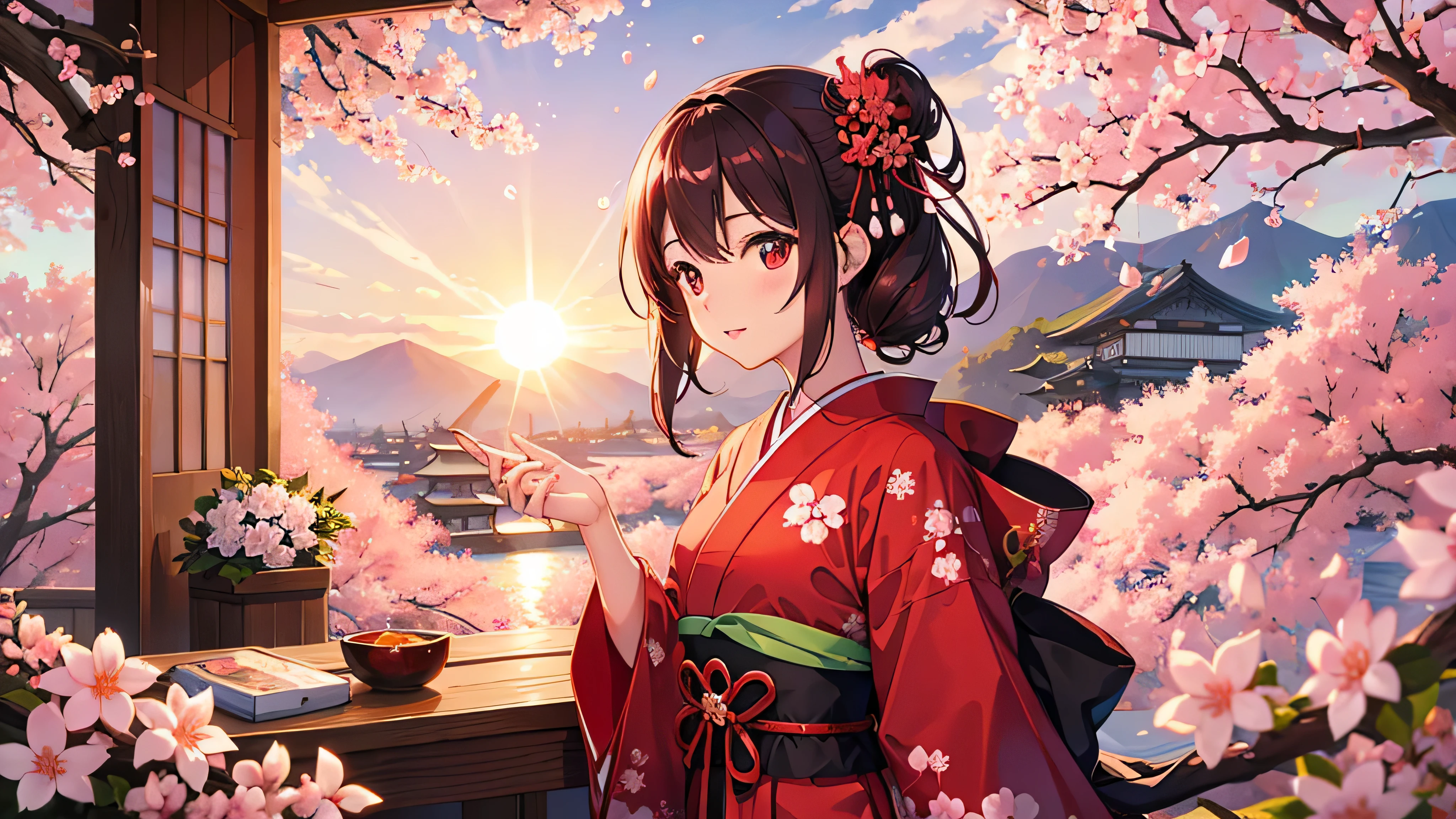 desktop background Blooming Japanese cherry tree with red sun