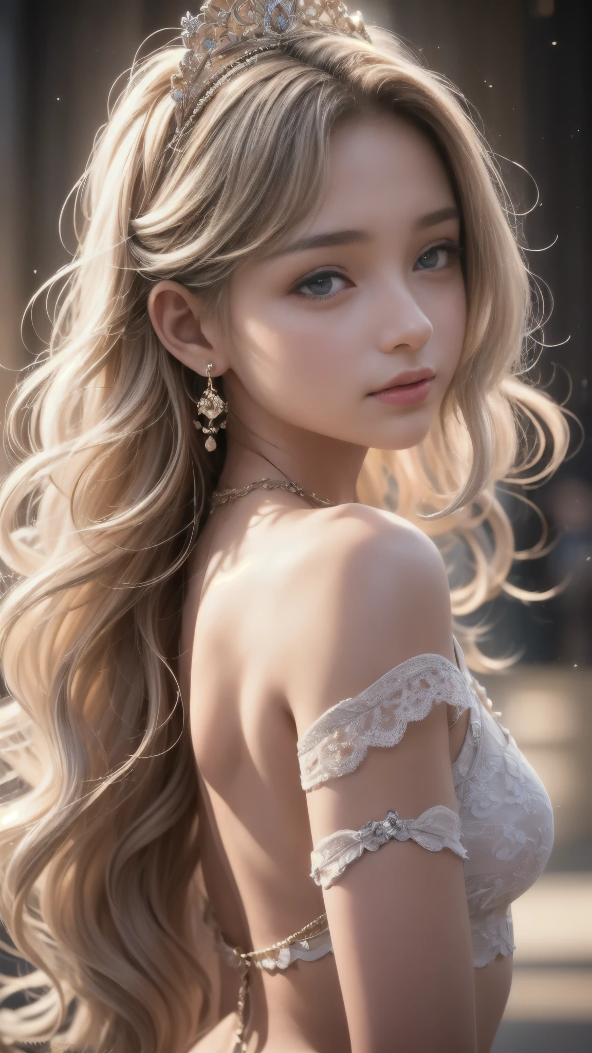 ((RAW shooting:1.5, realistic:1.5, 8K, highest quality, masterpiece, ultra high resolution)), Inside a luxurious British royal palace, professional camera work:1.3, Highly detailed skin and facial textures:1.3, glow light effect, Super detailed:1.3, cute 15 year old british princess, Fair skin, Glossy skin, (elegant:1.4, small face), Ultimate Cute Face:1.5, (cute eyes:0.9, looking far away), smile:1.0, (mouth slightly open:0.4, cute mouth:0.7), double eyelid, ((super long white blonde curly hair)), tiara, necklace and earrings, ((elegantで光沢のあるサテンのプリンセスドレスをオフショルダーで正しく着こなす方法)), big breasts, cowboy shot, ((sunrise, sunlight shining from behind:1.6, Strong sunlight spreads across the screen:1.6)), ((Strong sunlight shines on a woman:1.7))