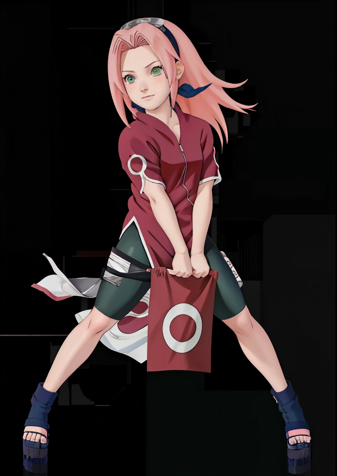 ((masterpiece: 1.2)), ((high quality)), (detail), High quality, a girl in a red T shirts and black leggings, black yoga pants, haruno sakura, sakura haruno, sakura haruno in slug sage mode, from naruto, happy!!!, badass pose, two legs and thigh open, perfect face, pefect body, perfect anatomy, pretty girl, cute girl, long hair, green eyes, pink hair, realistic, reality, high quality image, ultra detail, 8k, straddled, both thighs open.