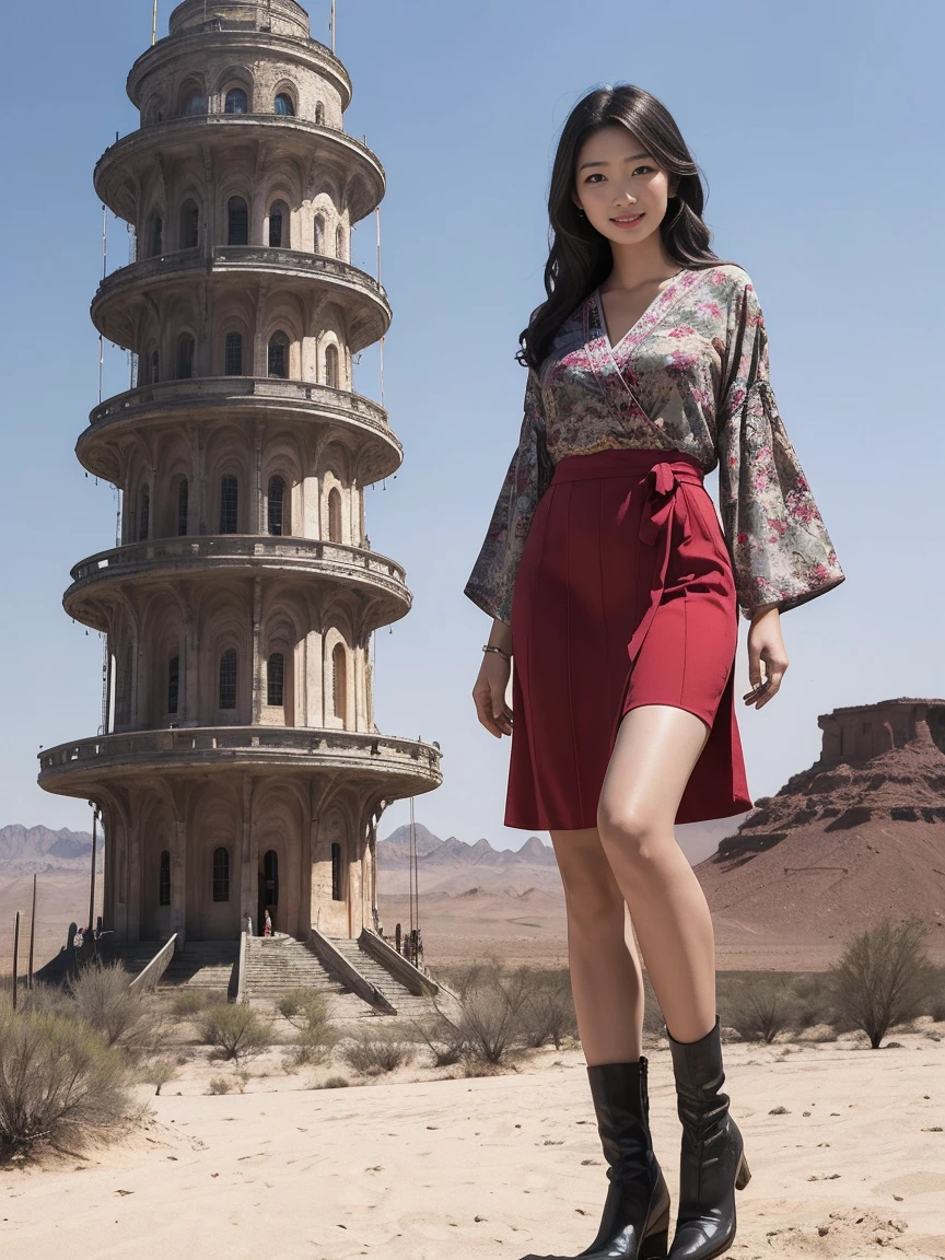 highest quality、masterpiece、ultra high resolution、(realistic:1.4)、1girl、middle-aged women、Japanese、Take a full body photo、Blouses and skirts、beautiful eyes and skin details、smile、Tower of Babel shining in the desert、Ultra-civilized、spaceship