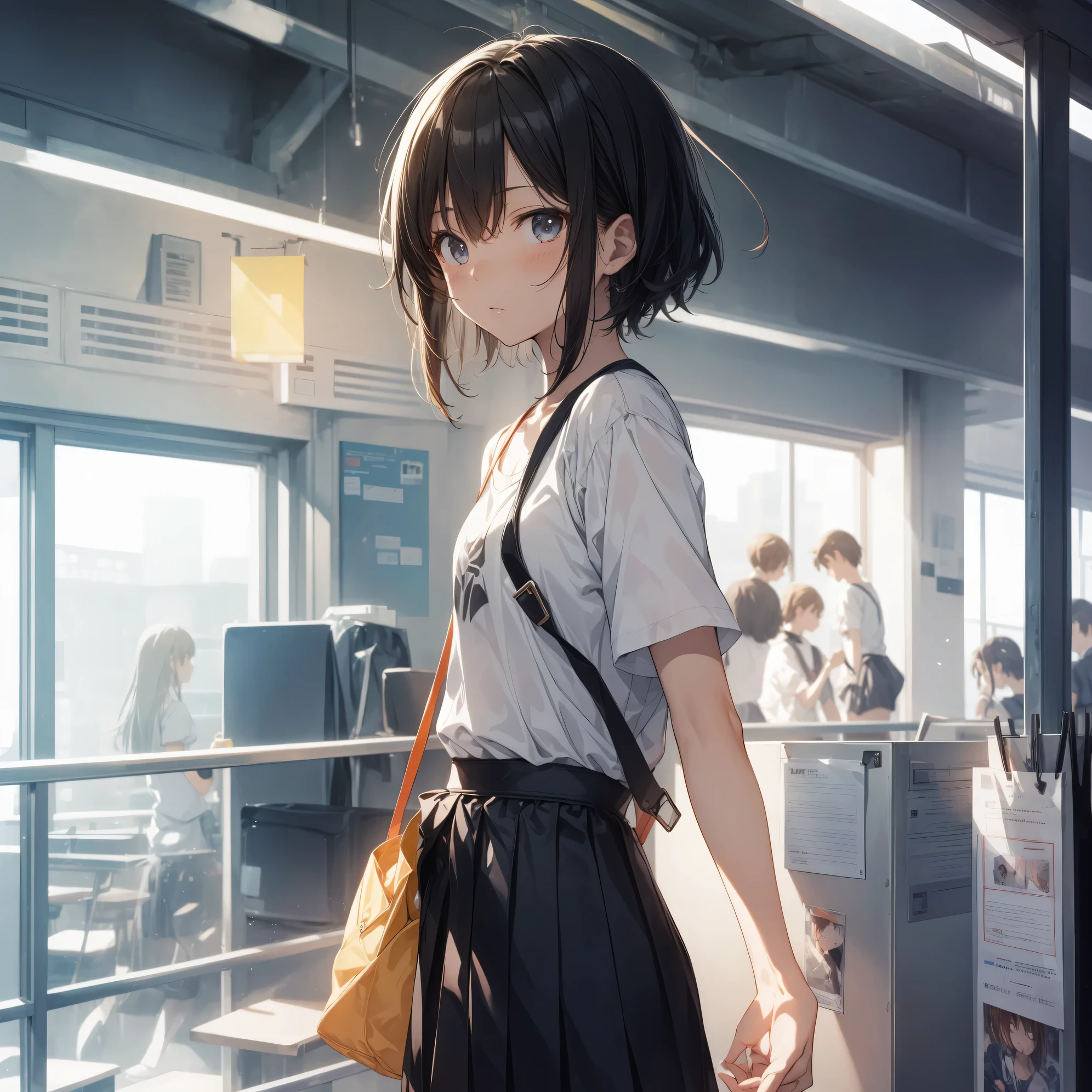 Super high quality by the art god, super detailed, High resolution, anime moe art style, best anime 8K konachan wallpaper, pixiv contest winner, perfect anatomy, break,(眠そうにalone学校へ行く女の子を描いてください. )break, 1 girl, (alone,little woman, ta, , 13 y),All limbs, full finger,, The charm of an immature body, (very short hair), flat chest, small ass, between legs, slim legs, Small black eyes, beautiful and fine eyes, Well-proportioned iris and pupils, expressive eyes, disgusted eyes, High resolutionの詳細な髪, wearing school uniform, (skirt),(detailed lighting), (detailed background), On the way to school. break,super dense skin, Best lighting by famous artists, 8K, figure,UHD, rough skin