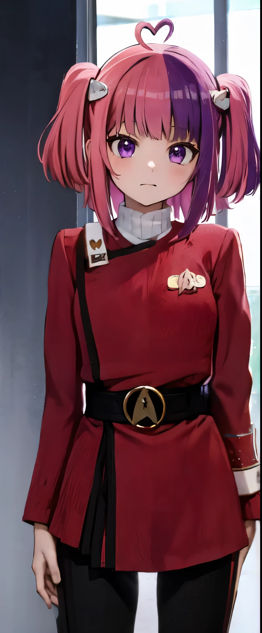 ironmouse, ahoge, medium hair, multicolored hair, pink hair, (purple eyes:1.1), purple hair, sidelocks, streaked hair, swept bangs, two side up, two-tone hair, hair ornament, heart, heart ahoge, heart hair ornament, twokunf uniform