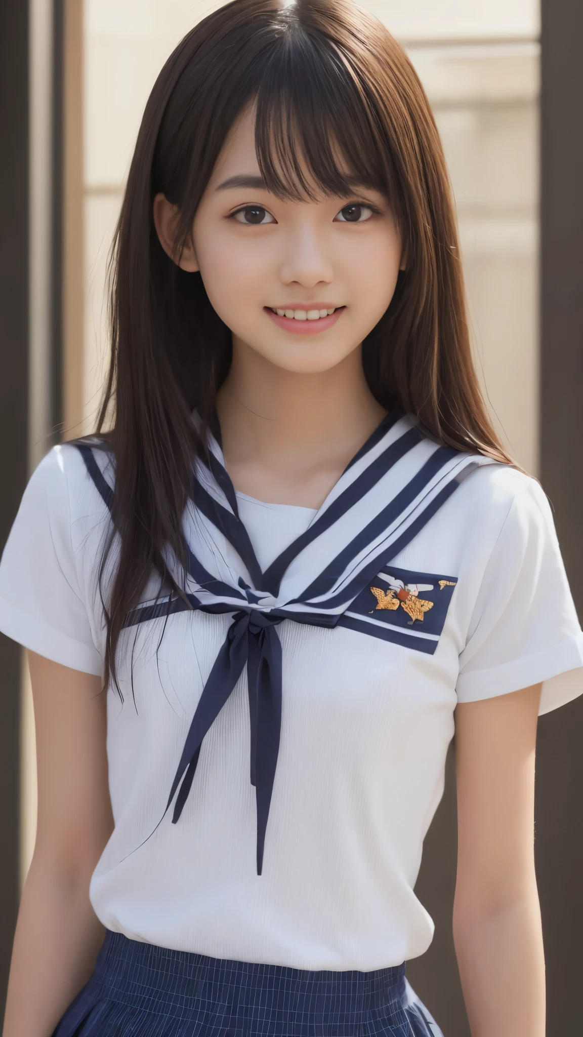table top, highest quality, 8K, 16 years old, Ten generations, RAW photo, absurd, award-winning portraits, smile, smile, alone, daytime, idol face, violaces, delicate girl, Upper body, Digital single-lens reflex camera, looking at the viewer, Frank, Sophisticated, zora々right, thin arms, professional lighting, film grain, chromatic aberration, (Eye and face details:1.0), (Bokeh:1.1), (hyper pretty face:1.2)、(beautiful face:1.2), beautiful woman、Japan High School Girl Traditional Uniform、(white short sleeve sailor uniform:1.2), black haired、Middle straight hair、bangs、(Japanese)、short hair、
