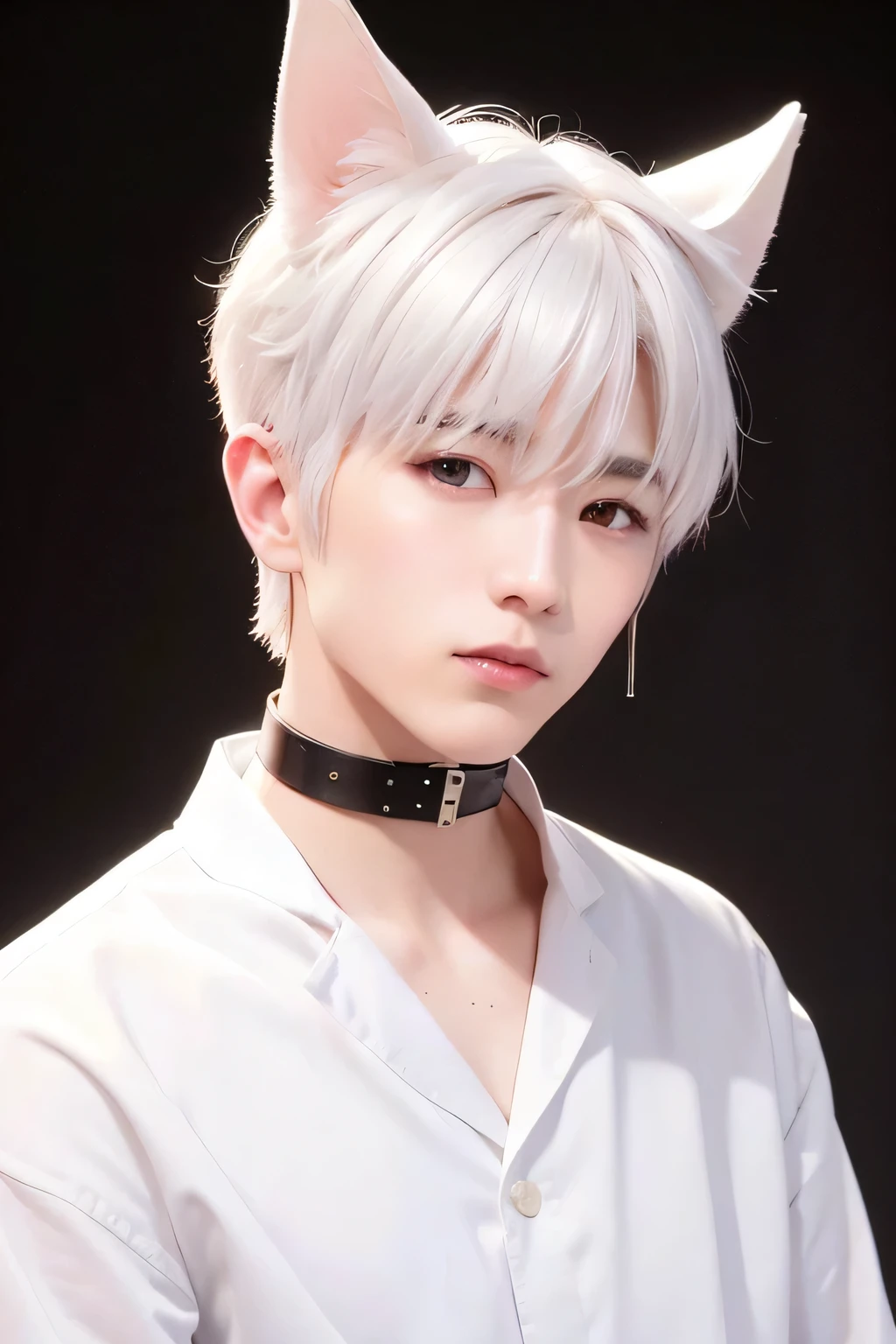 1 person、high quality,masterpiece,8K, (Close up side head shot) 、((Pure White Shorthair))、Leather choker、、、((dog ears))