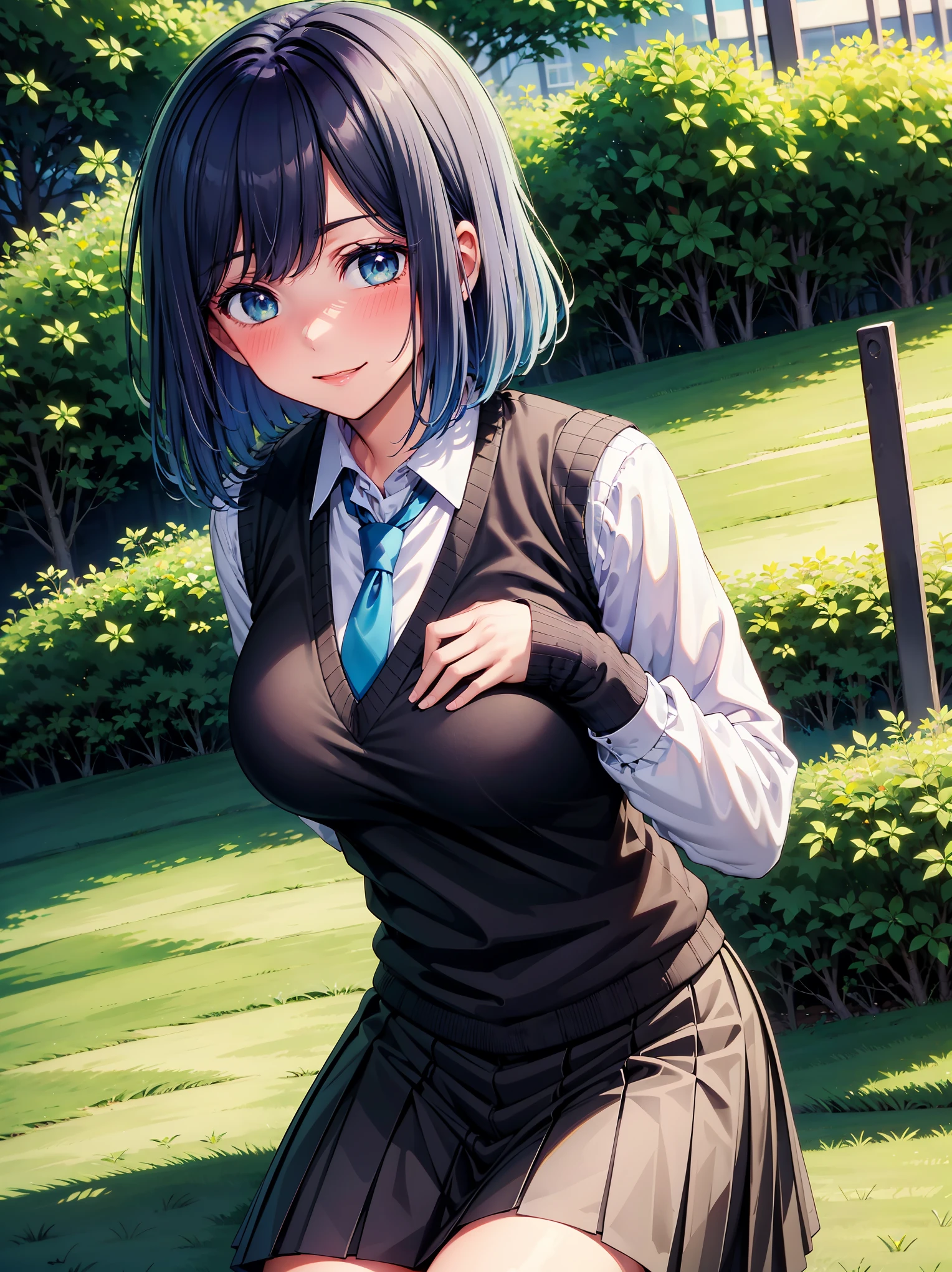 (masterpiece, highest quality:1.2), 1 girl, alone, Akane Kurokawa, 1 girl, dark blue hair, medium hair, one length bob, Added bangs to add brightness to the face, Hair ends remain thick overall. , blue eyes, green eyes, school uniform, white shirt, collared shirt, vest, white shirt, sweater vest, black vest, blue tie, gray pleated skirt, smile, In a field of colorful flowers