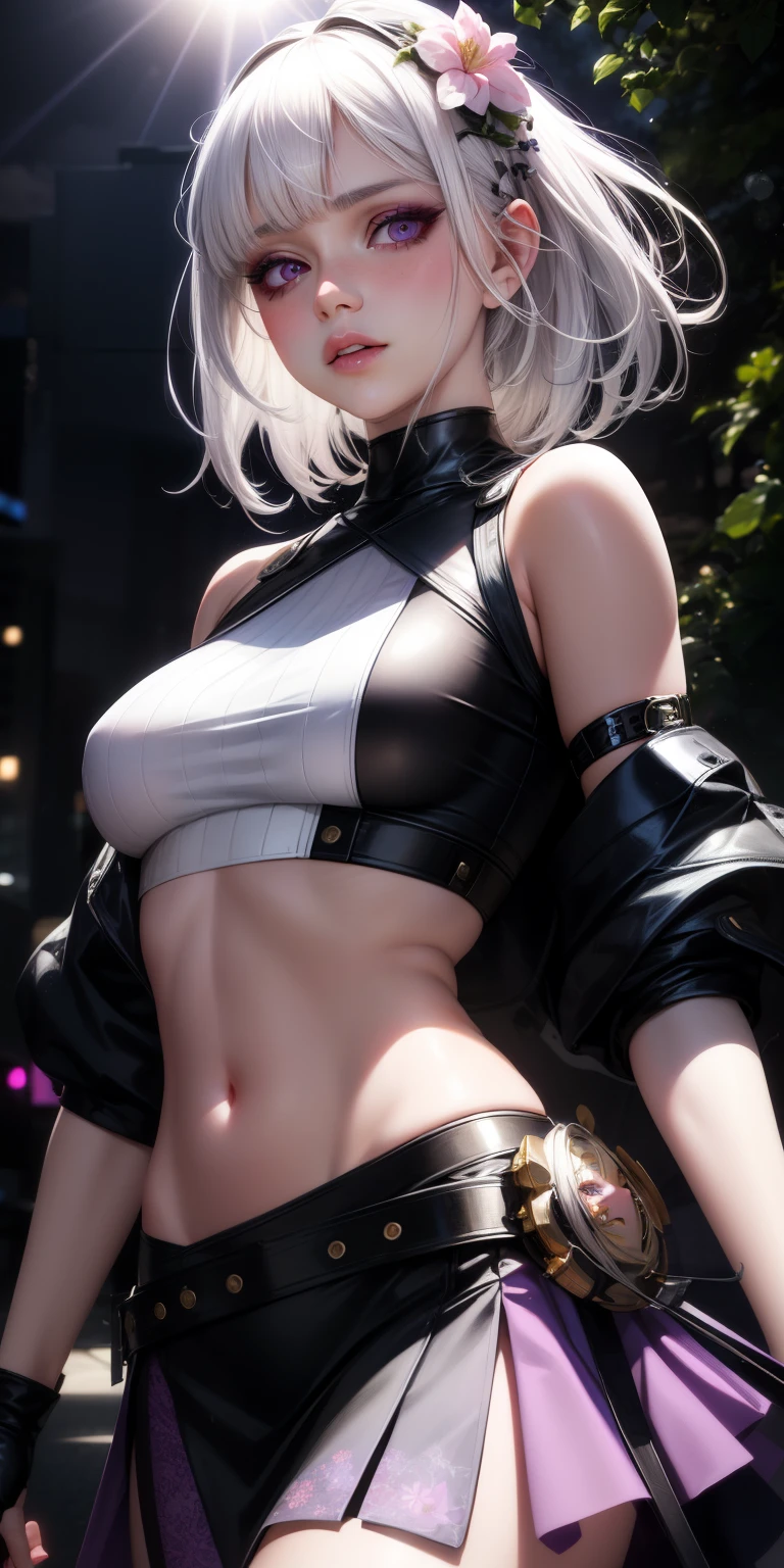 realistic, 1girl, white hair, purple eyes, glowing eyes, crop top, skirt, parted lips, blush, night, flowers, sun, sunlight,