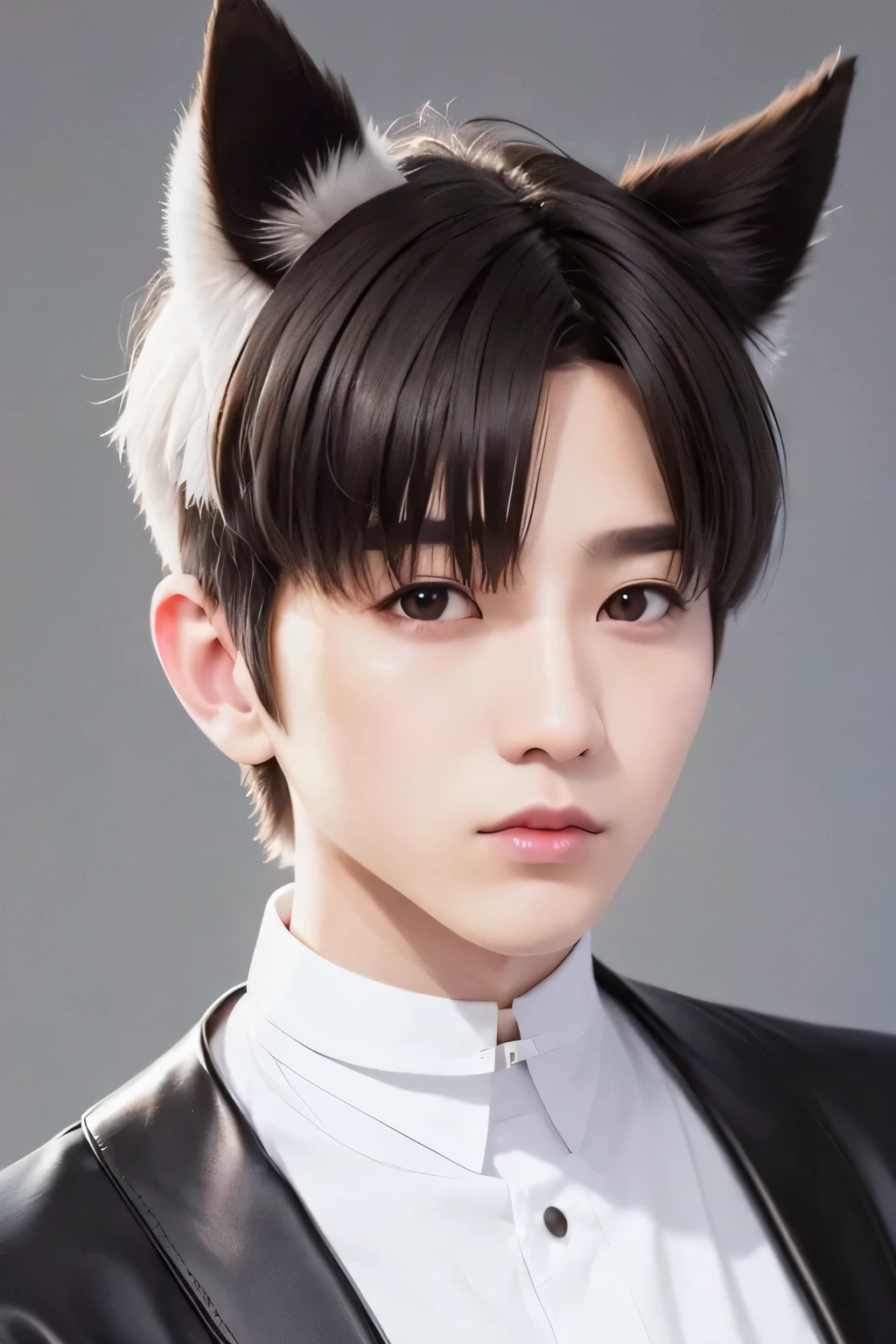 1 person、high quality,masterpiece,8K, (Close up side head shot) 、((Pure White Shorthair))、Leather choker、、((dog ears))