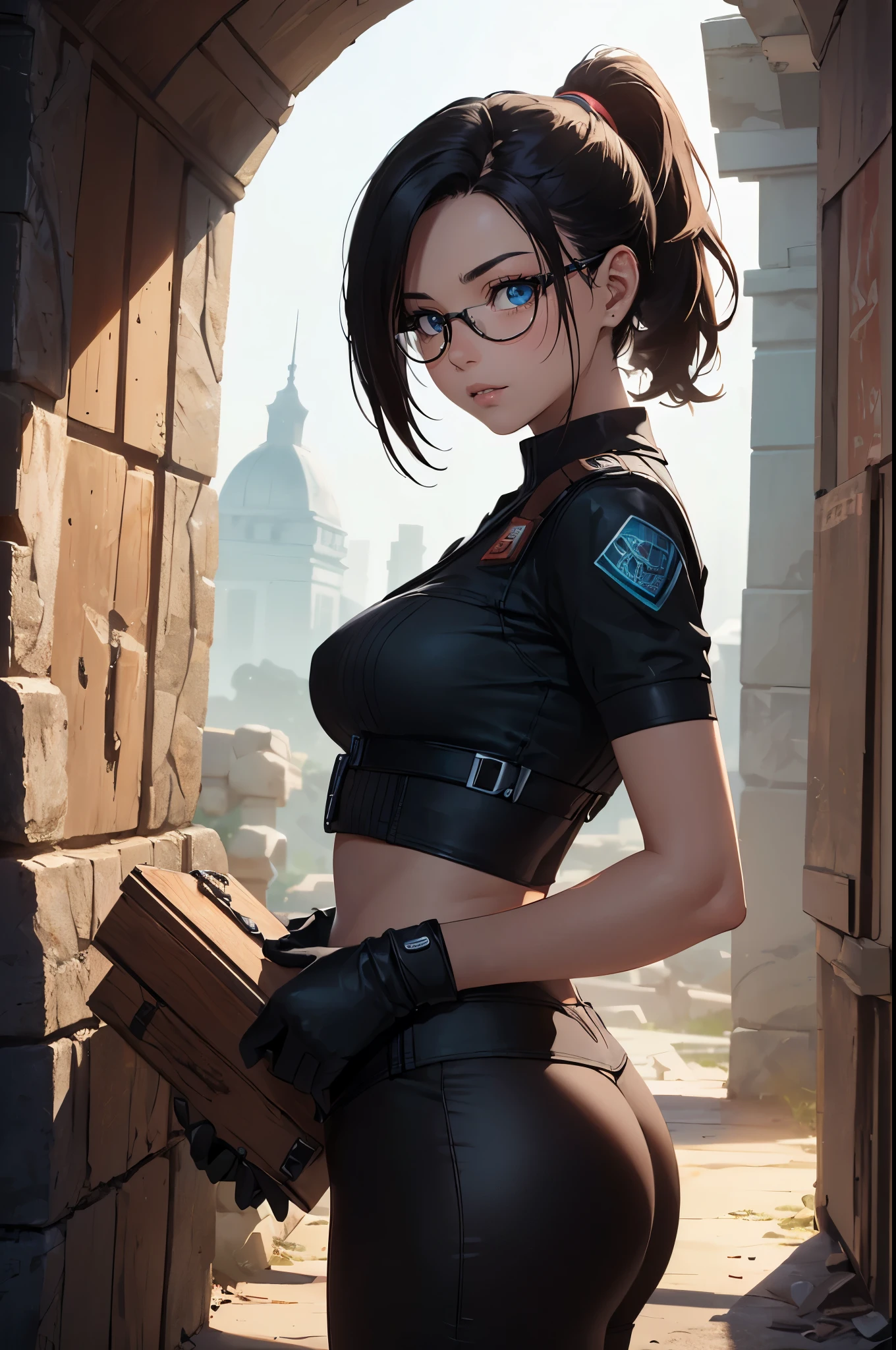 ((landscape of an ancient tomb)), a beautiful young explorer girl stands in the picture, ((wearing a Jill Valentine outfit)), long black hair in a ponytail, ((wear glasses))