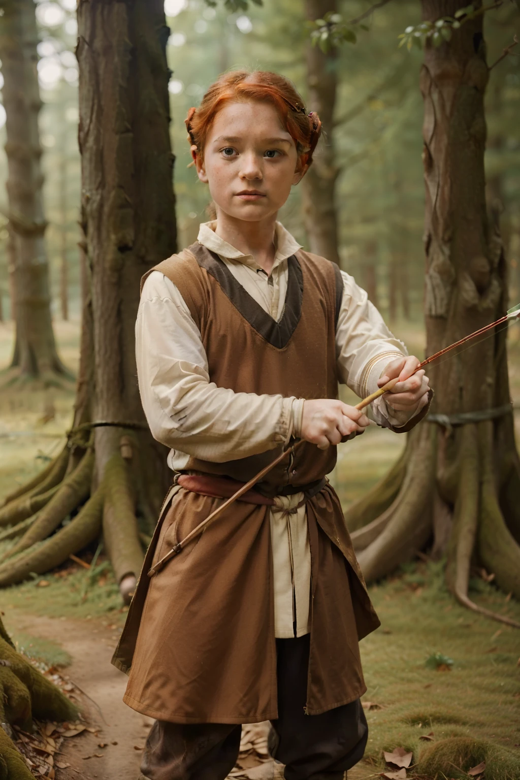England, 1327. A little ((((10-year-old)) Merthin Fitzgerald)), handsome, athletic, with a bow and arrow, in the forest, ((frustrated expression)). ((((clothings from the 1300s)))), ((redhead hairstyle of the 1300s))