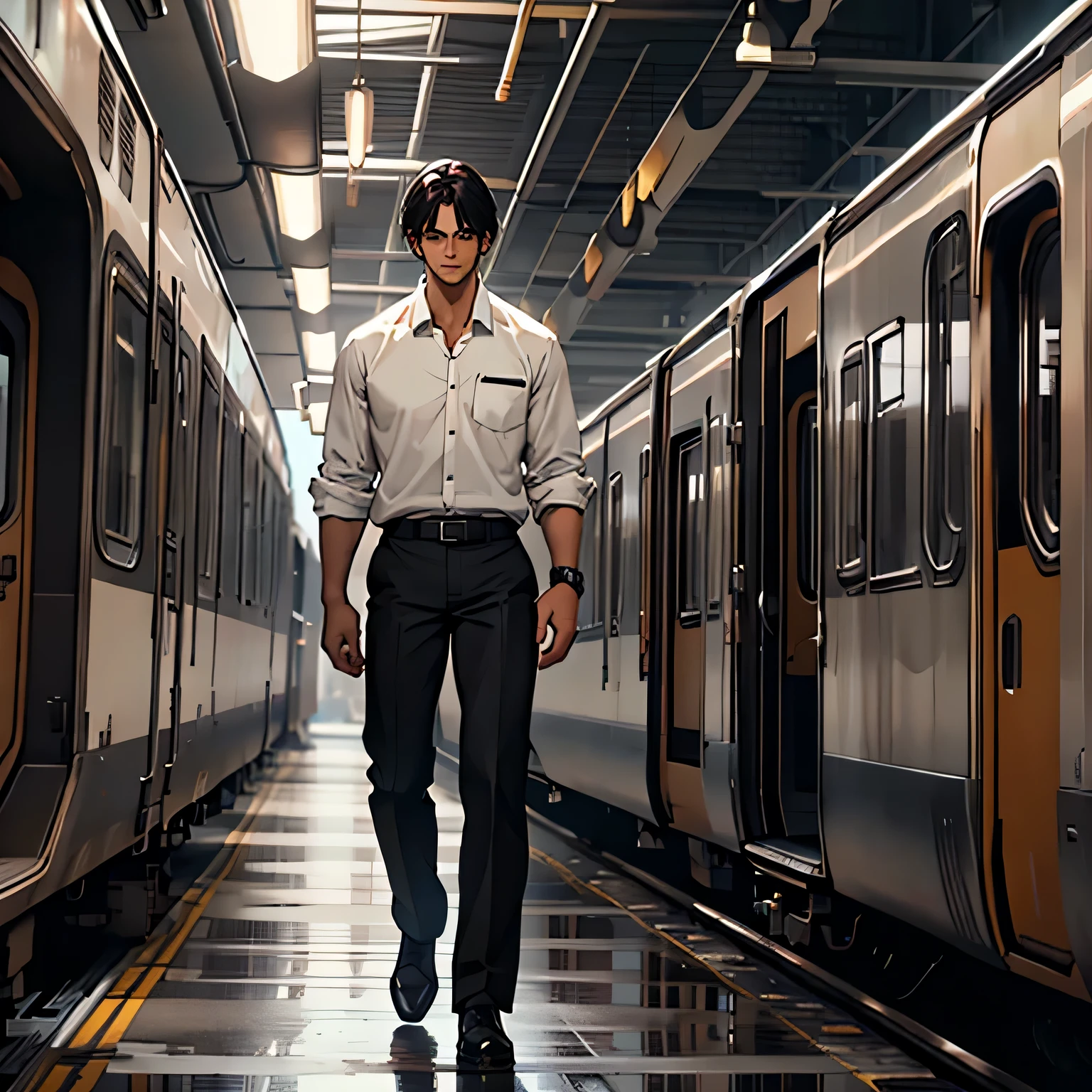 tall, stern, facing camera, white button down, pants, belt, handsome, dark brown hair, dark hair, black hair, school uniform, train background, white shirt, black pants, full body