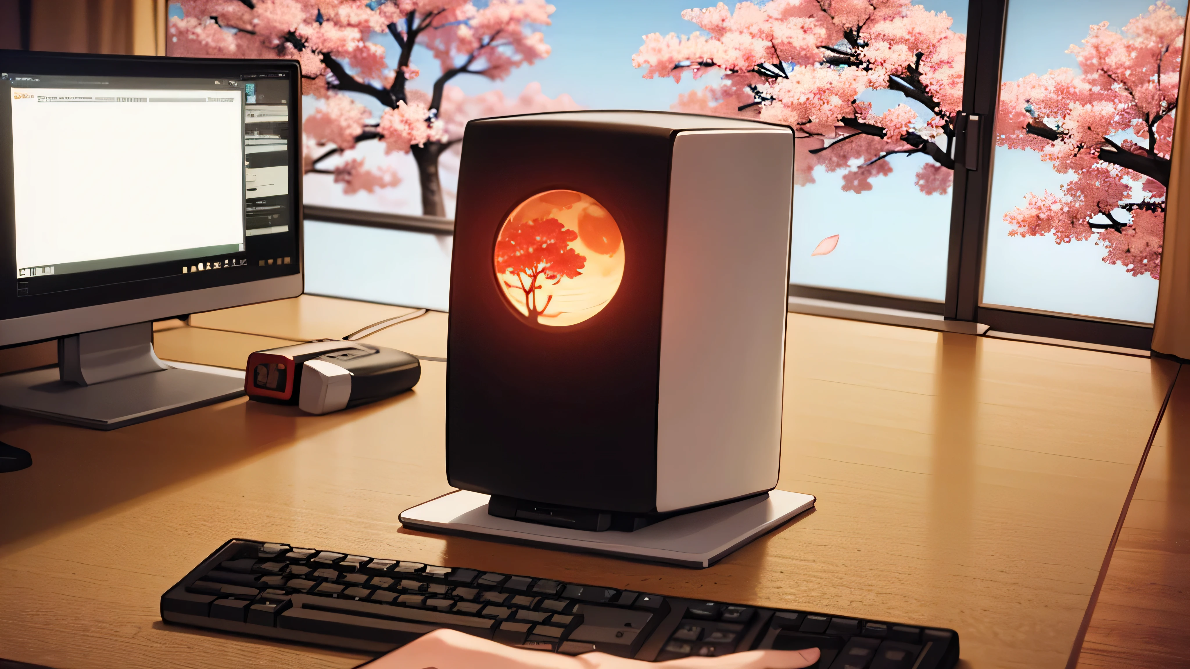 desktop background Blooming Japanese cherry tree with red sun