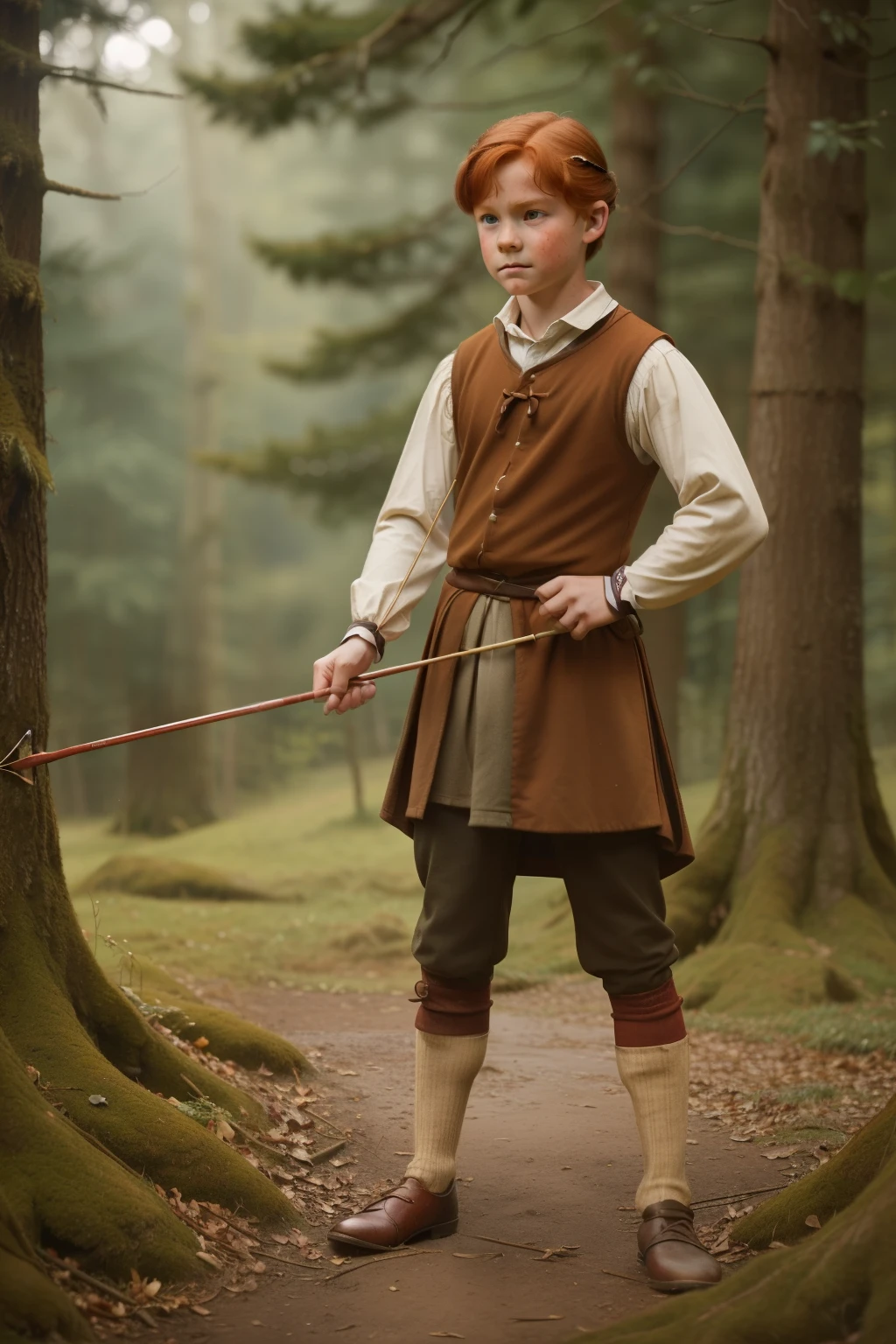 England, 1327. A little ((((-yeld)) thin Fitzgerald)), handsome, athletic, with a bow and arrow, in the forest, ((frustrated expression)). ((((clothings from the 1300s)))), ((redhead hairstyle of the 1300s))