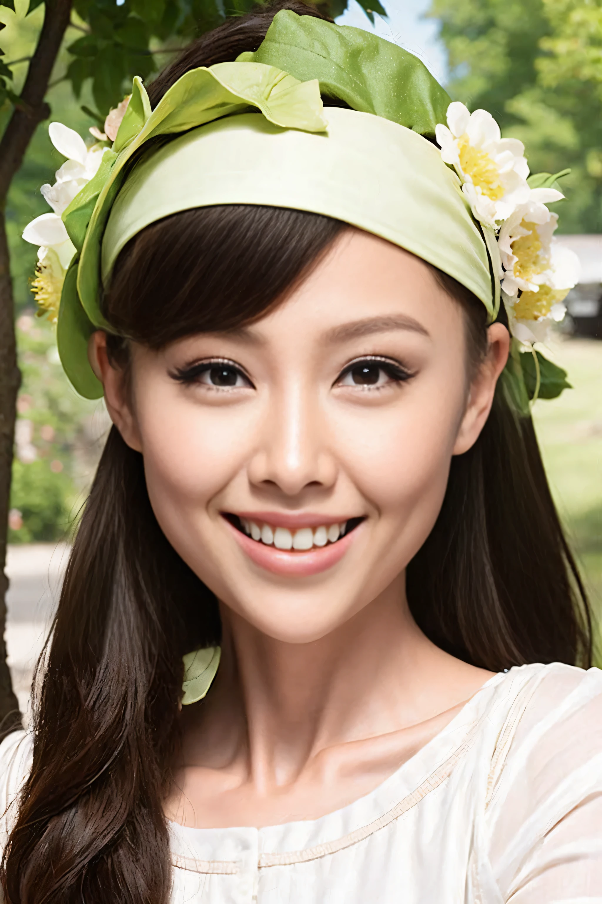 Fashion model 20 years old [[[[close up]]]], [[[[neck]]]], [[[[Shoulder]]]], perfect eyes, perfect iris，perfect lips，perfect teeth，perfect skin，White skin，Soft headlight，high-density imaging review，long hair，（Face is clear and delicate），White casual wear，The background is outdoor，Green trees and flowers，best quality，masterpiece，（pastel colors：1.2）