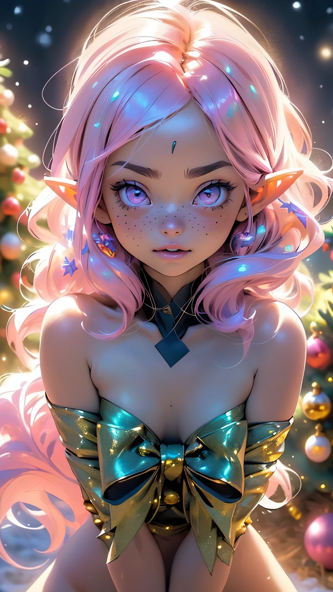 cute  elf,(((little ,tiny little body,little))),(((6 years old))),((anime elf  with extremely cute and beautiful fuchsia hair)), (((elf))), (((elf ears))),

(((flat chest))),((((fuchsia hair:1.35,short fuchsia hair,colored inner hair,ear breathing)))),(((pink_eyes:1.3))),intricate eyes,beautiful detailed eyes,symmetrical eyes,big eyes:1.5,(((freckles on the face,freckles,freckled girl))),(((lustrous skin:1.5,bright skin: 1.5,skin tanned,shiny skin,very shiny skin,shiny body,plastic glitter skin,exaggerated shiny skin,illuminated skin))),(delicate detailed fingers,detailed body,(detailed face)),

cute,slutty,erotic,daring,((nsfw)),

((huge ribbon, pink ribbon, bow, giftgirl,ribbon tangled in it)), (((gift girl))),(((naked ribbon))),

(dynamic pose:1.0),embarrassed,(centered,scale to fit dimensions,Rule of thirds),

((snowy pine forest)),winter,scenery:1.25,((intricate scenery)),((snow forest background)),(Christmas tree:1.5),

(Glossy winter ornaments),highres,sharp focus,(ultra detailed,extremely detailed),(photorealistic artwork:1.37),(extremely detailed CG unity 8k wallpaper),(((vibrant colors,vibrant theme))),(intricate),(masterpiece),(best quality),
