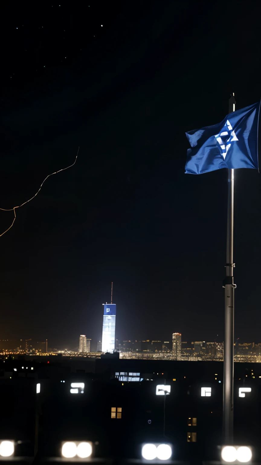 Big Israel flag waving made of little lights and binary symbols, cyber security theme