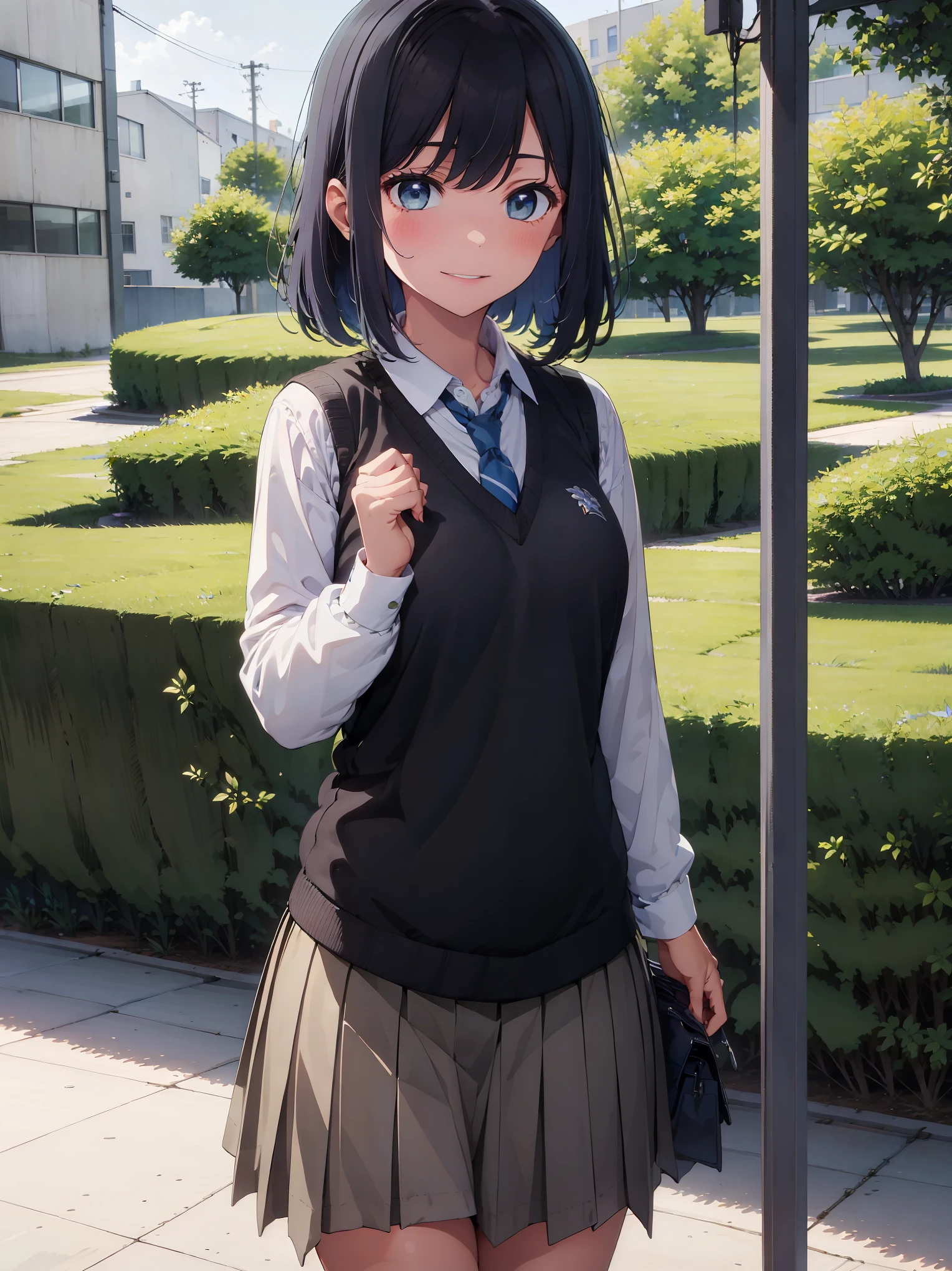 (masterpiece, highest quality:1.2), 1 girl, alone, Akane Kurokawa, 1 girl, dark blue hair, medium hair, one length bob, Added bangs to add brightness to the face, Hair ends remain thick overall. , blue eyes, green eyes, school uniform, white shirt, collared shirt, vest, white shirt, sweater vest, black vest, blue tie, gray pleated skirt, smile, In a field of colorful flowers