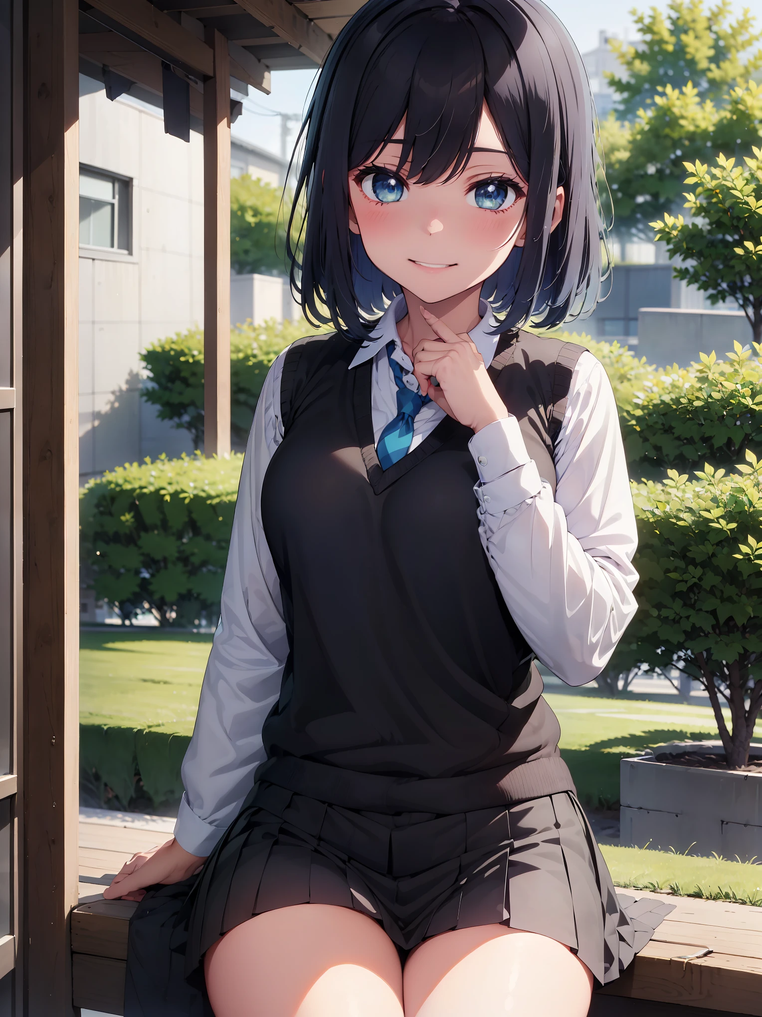 (masterpiece, highest quality:1.2), 1 girl, alone, Akane Kurokawa, 1 girl, dark blue hair, medium hair, one length bob, Added bangs to add brightness to the face, Hair ends remain thick overall. , blue eyes, green eyes, school uniform, white shirt, collared shirt, vest, white shirt, sweater vest, black vest, blue tie, gray pleated skirt, smile, In a field of colorful flowers